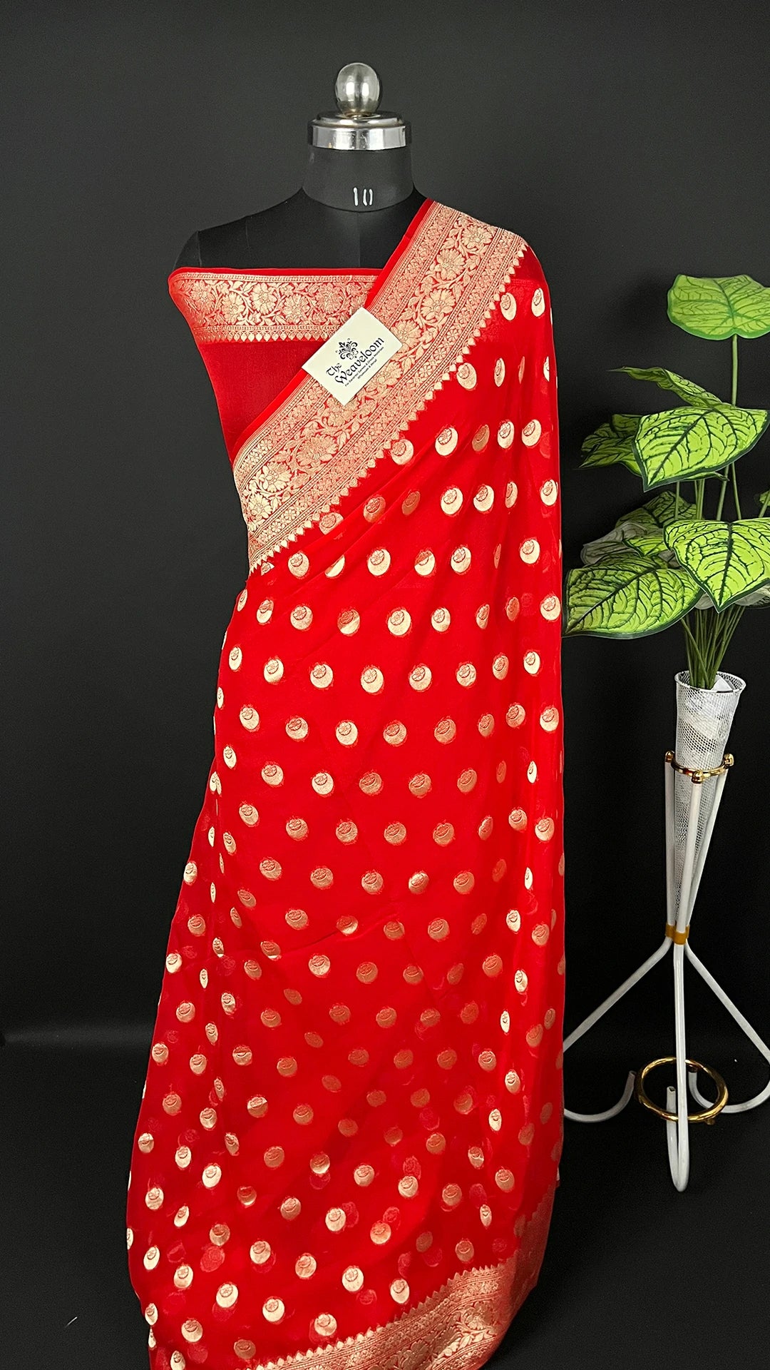 Red Khaddi Georgette Pure Banarasi Saree with Water Zari Chand Tara Pattern by The Weaveloom