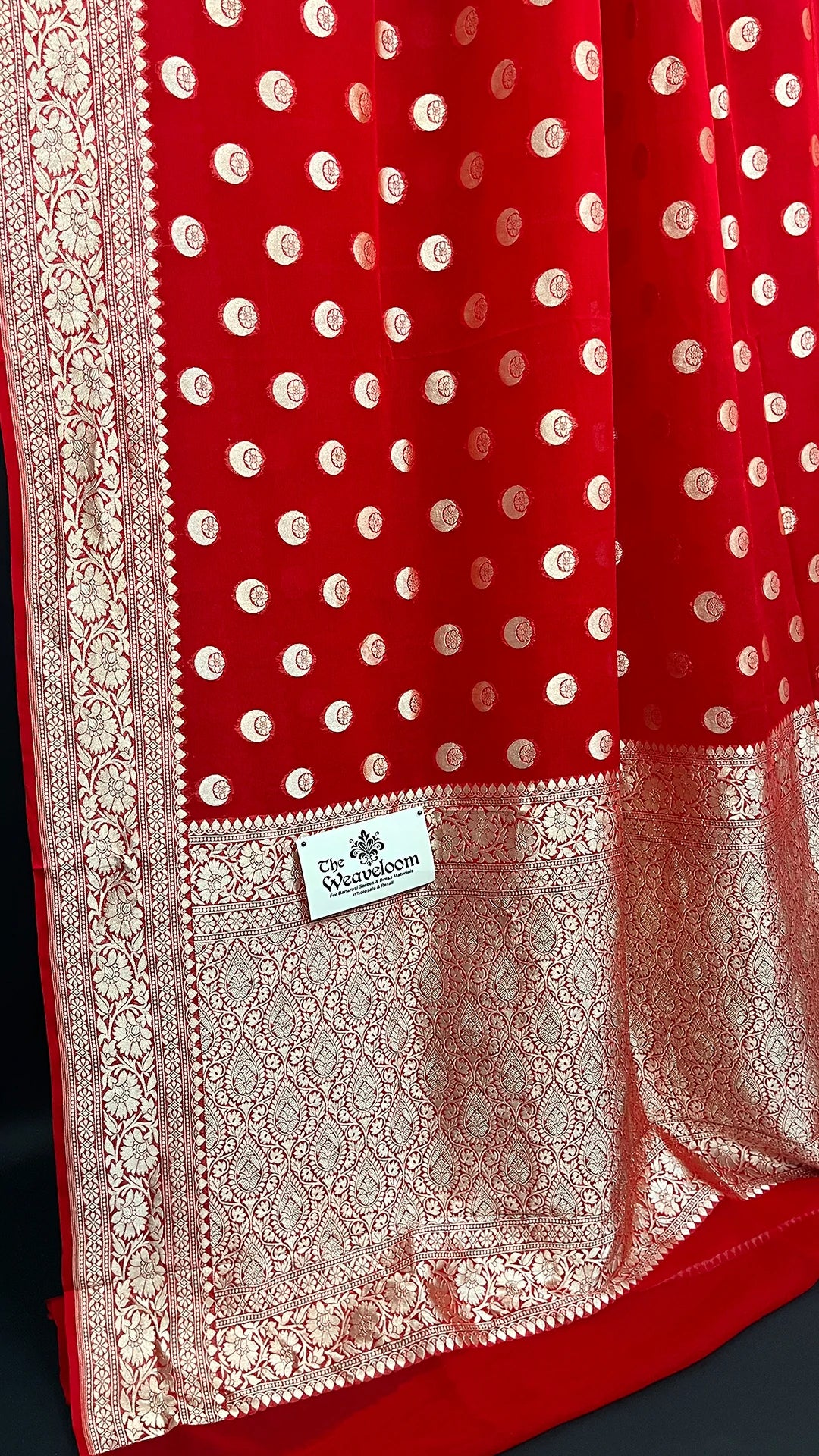 Red Khaddi Georgette Pure Banarasi Saree with Water Zari Chand Tara Pattern by The Weaveloom