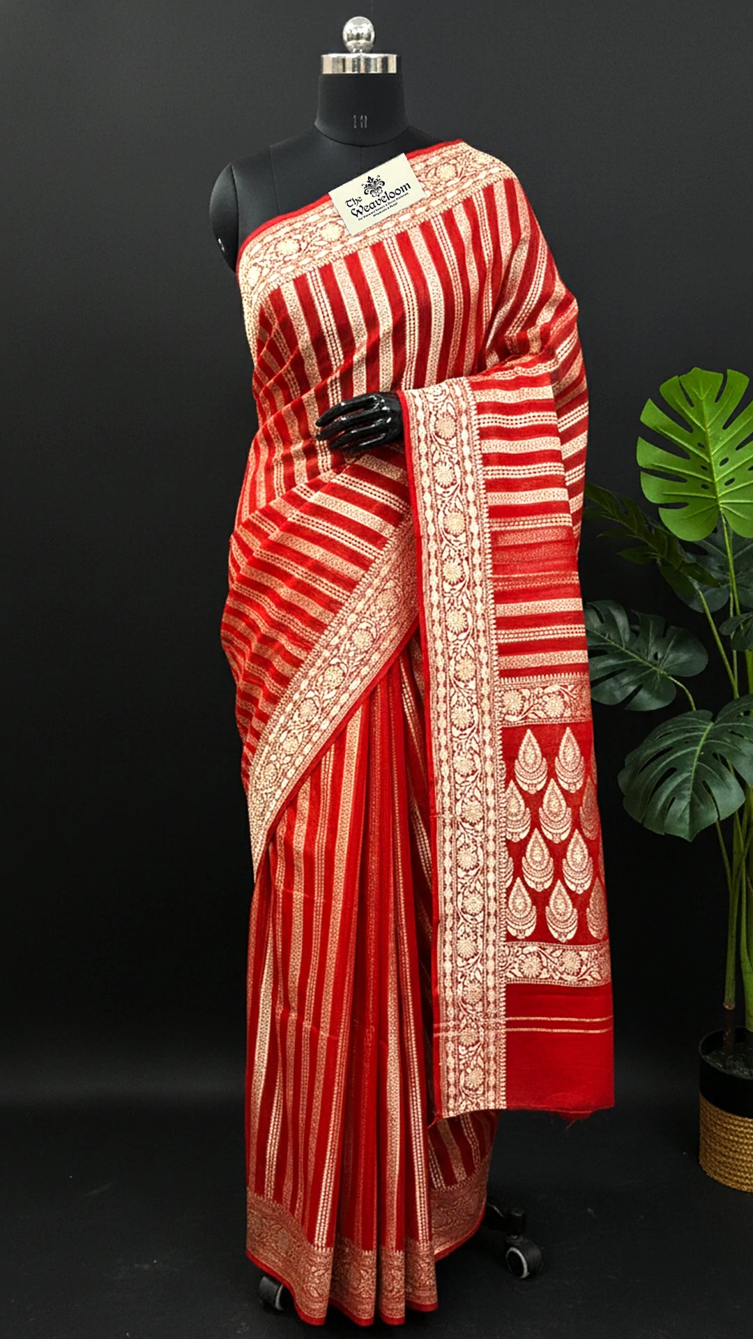 Red Khaddi Georgette Pure Banarasi Saree with Water Zari Stripes and Paisley Pallu by The Weaveloom