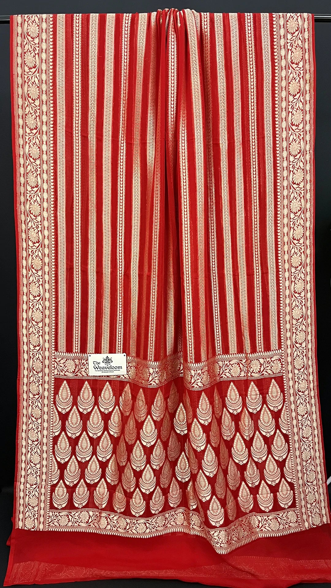 Red Khaddi Georgette Pure Banarasi Saree with Water Zari Stripes and Paisley Pallu by The Weaveloom
