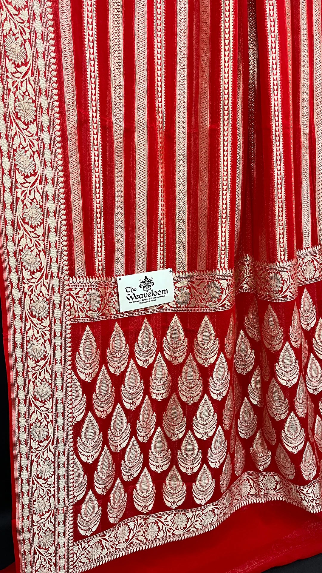 Red Khaddi Georgette Pure Banarasi Saree with Water Zari Stripes and Paisley Pallu by The Weaveloom