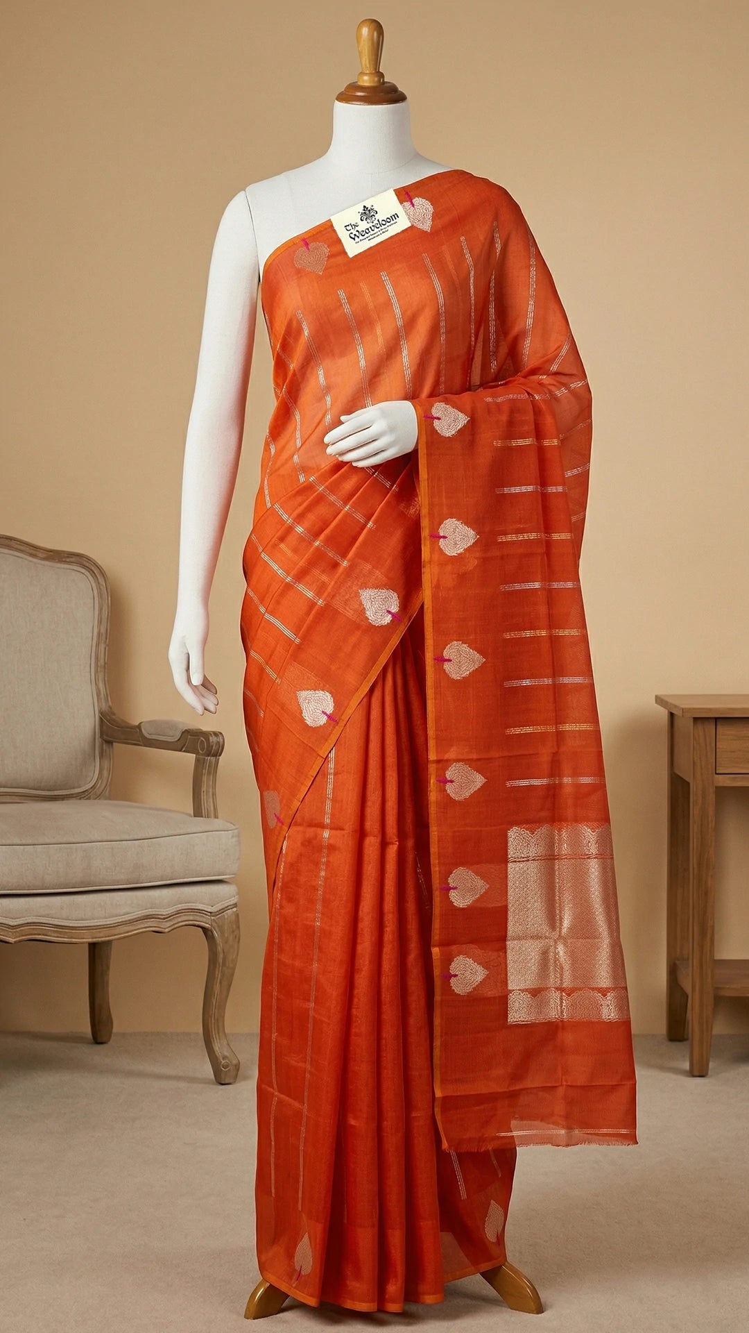 Red Kora Silk Handloom Banarasi Saree with Zari Stripes and Leaf Motifs The Weaveloom