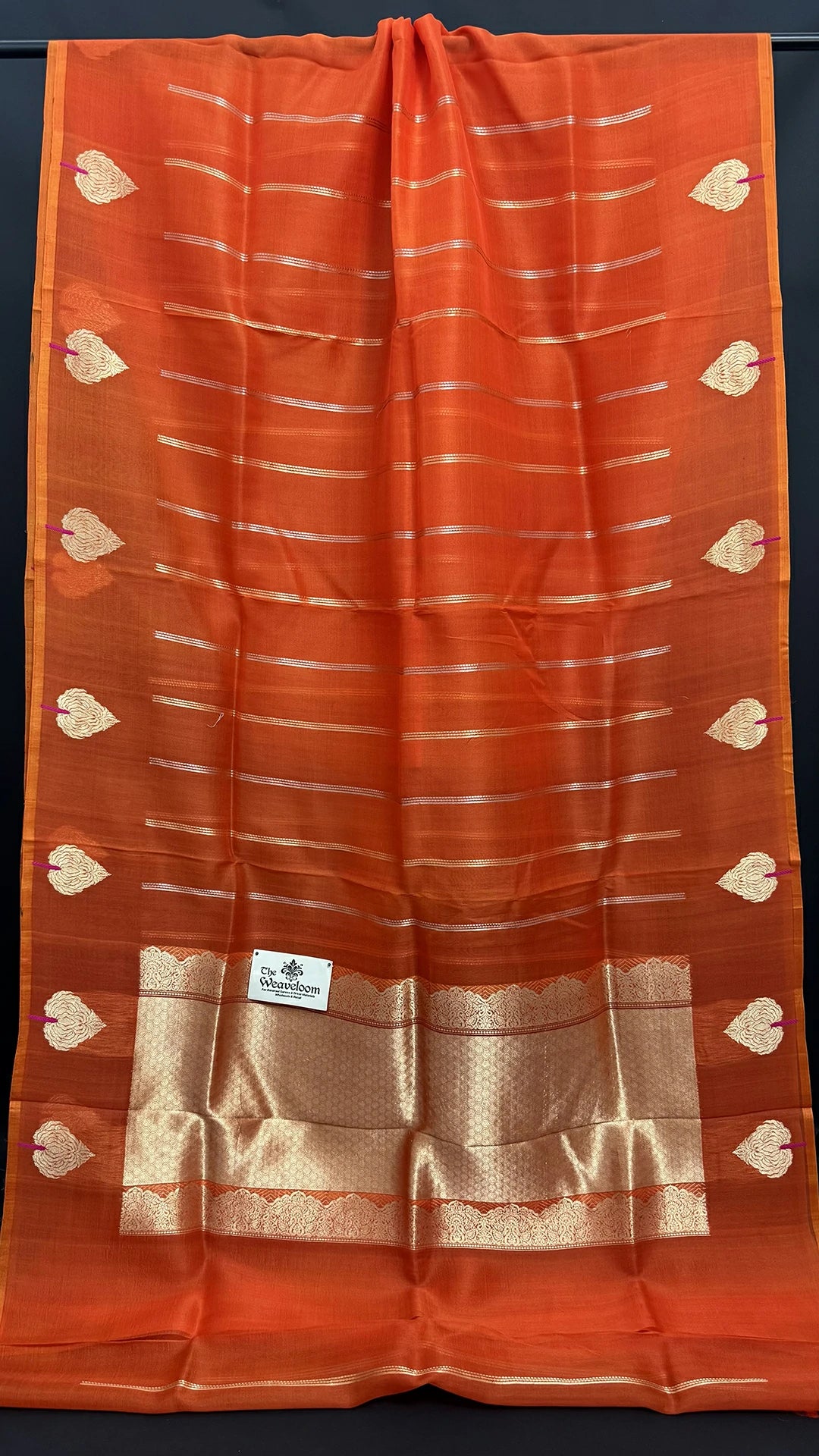Red Kora Silk Handloom Banarasi Saree with Zari Stripes and Leaf Motifs The Weaveloom
