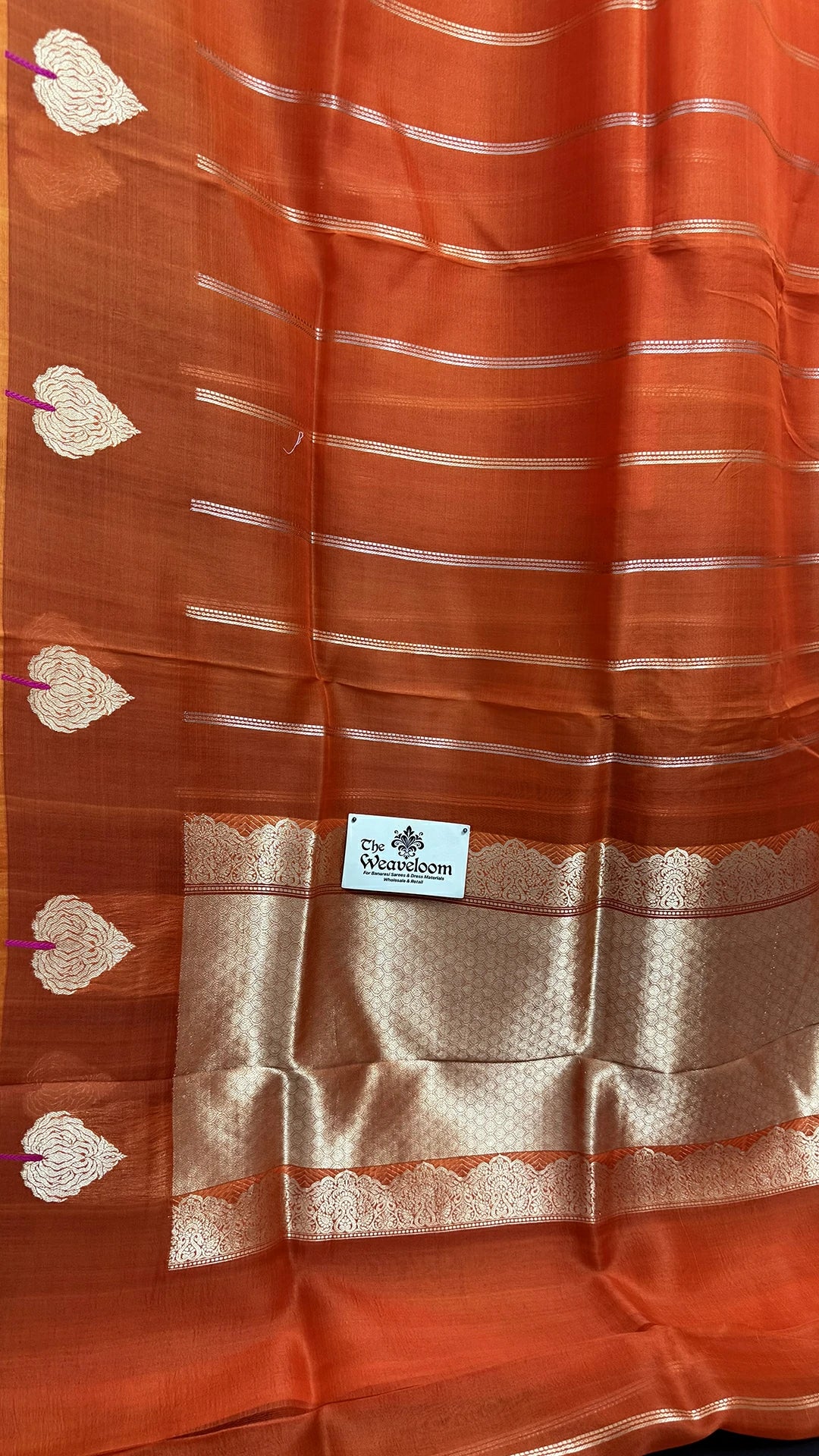 Red Kora Silk Handloom Banarasi Saree with Zari Stripes and Leaf Motifs The Weaveloom
