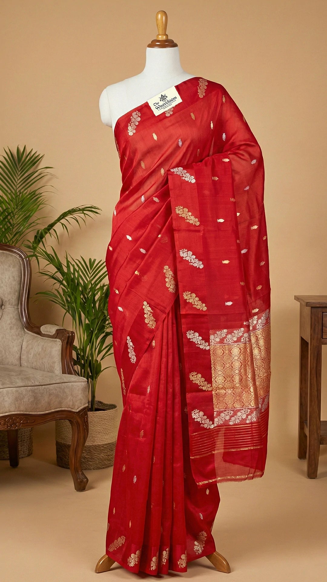 Red Kora Silk Sona Rupa Zari Floral Motif Pure Handloom Banarasi Saree by The Weaveloom