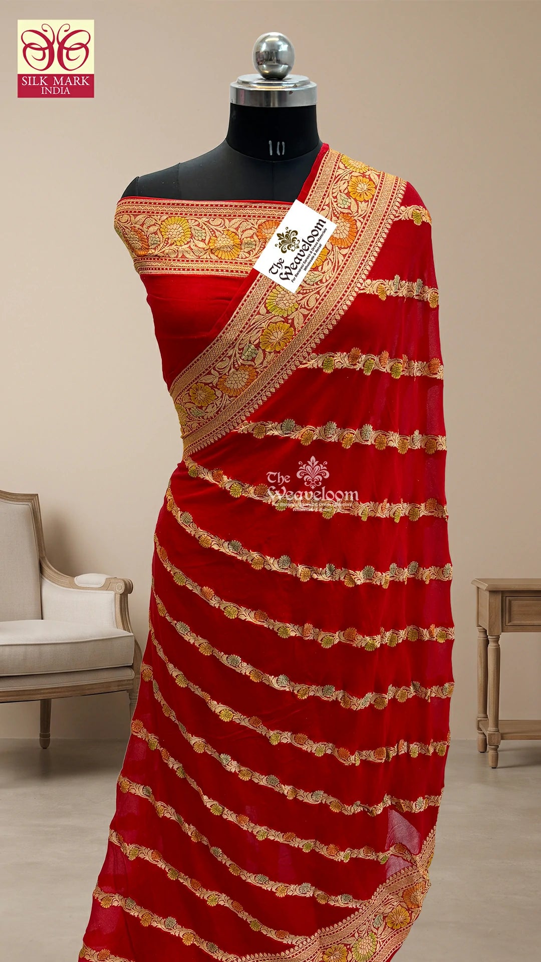 Red leheriya floral handbrush crepe georgette pure Banarasi saree by The Weaveloom