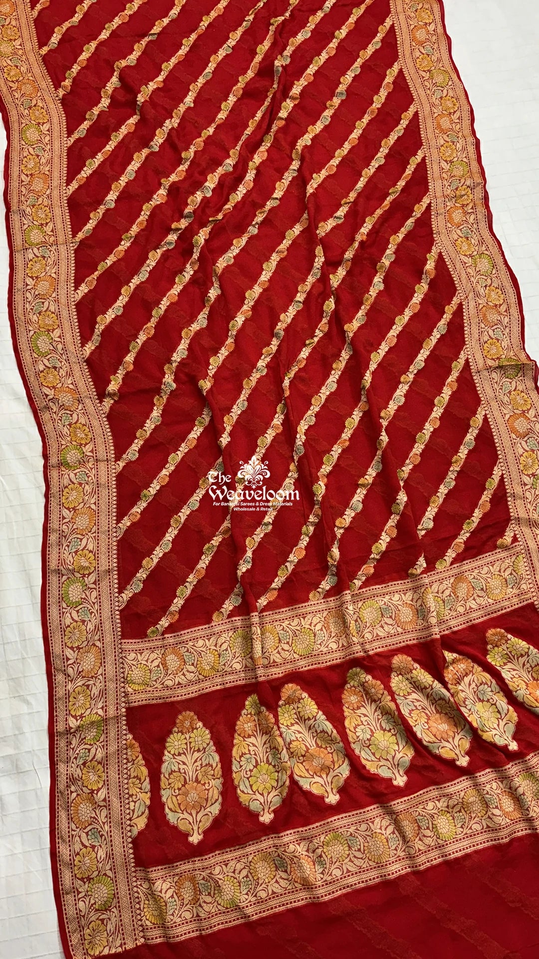 Red leheriya floral handbrush crepe georgette pure Banarasi saree by The Weaveloom