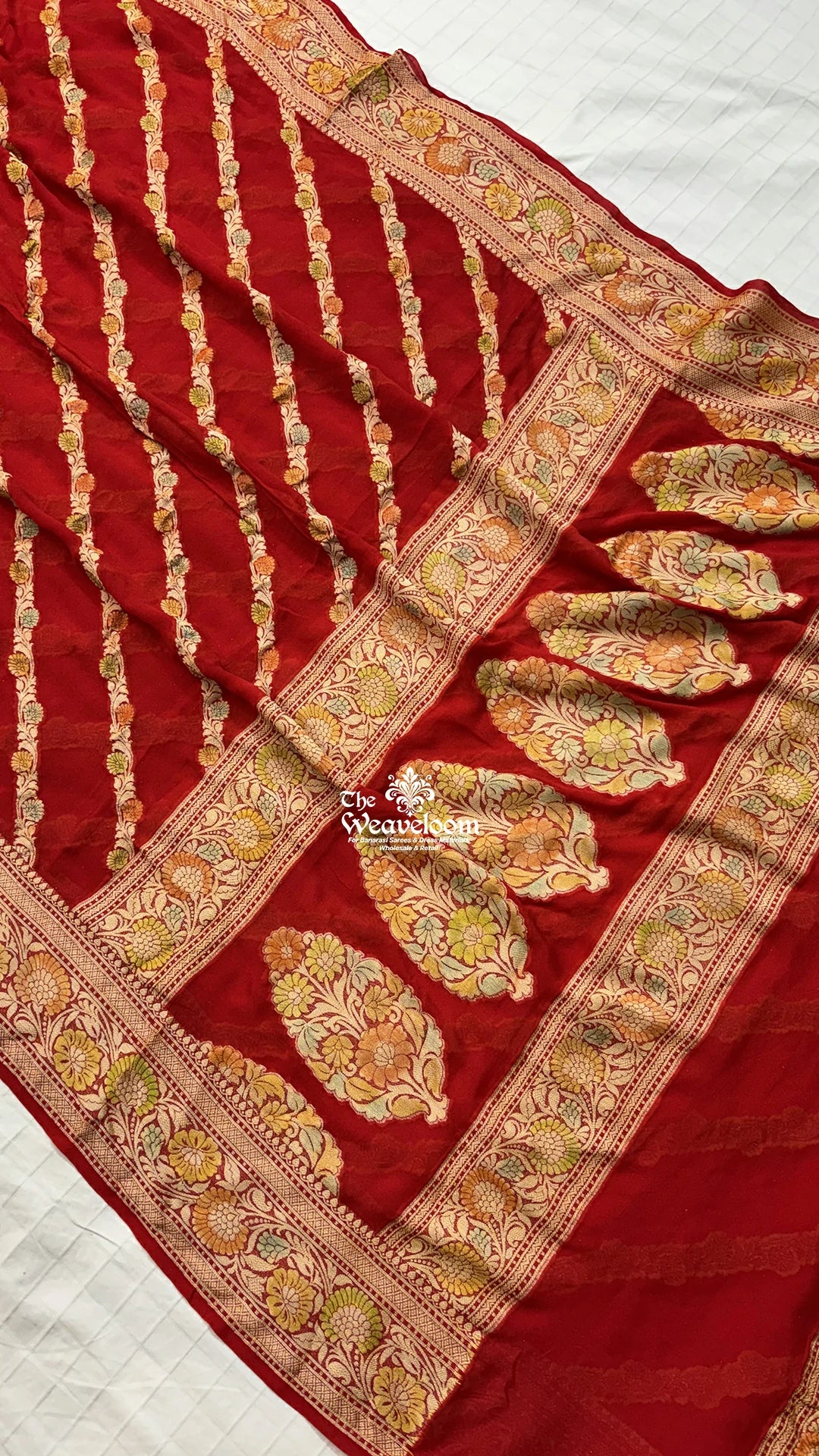 Red leheriya floral handbrush crepe georgette pure Banarasi saree by The Weaveloom