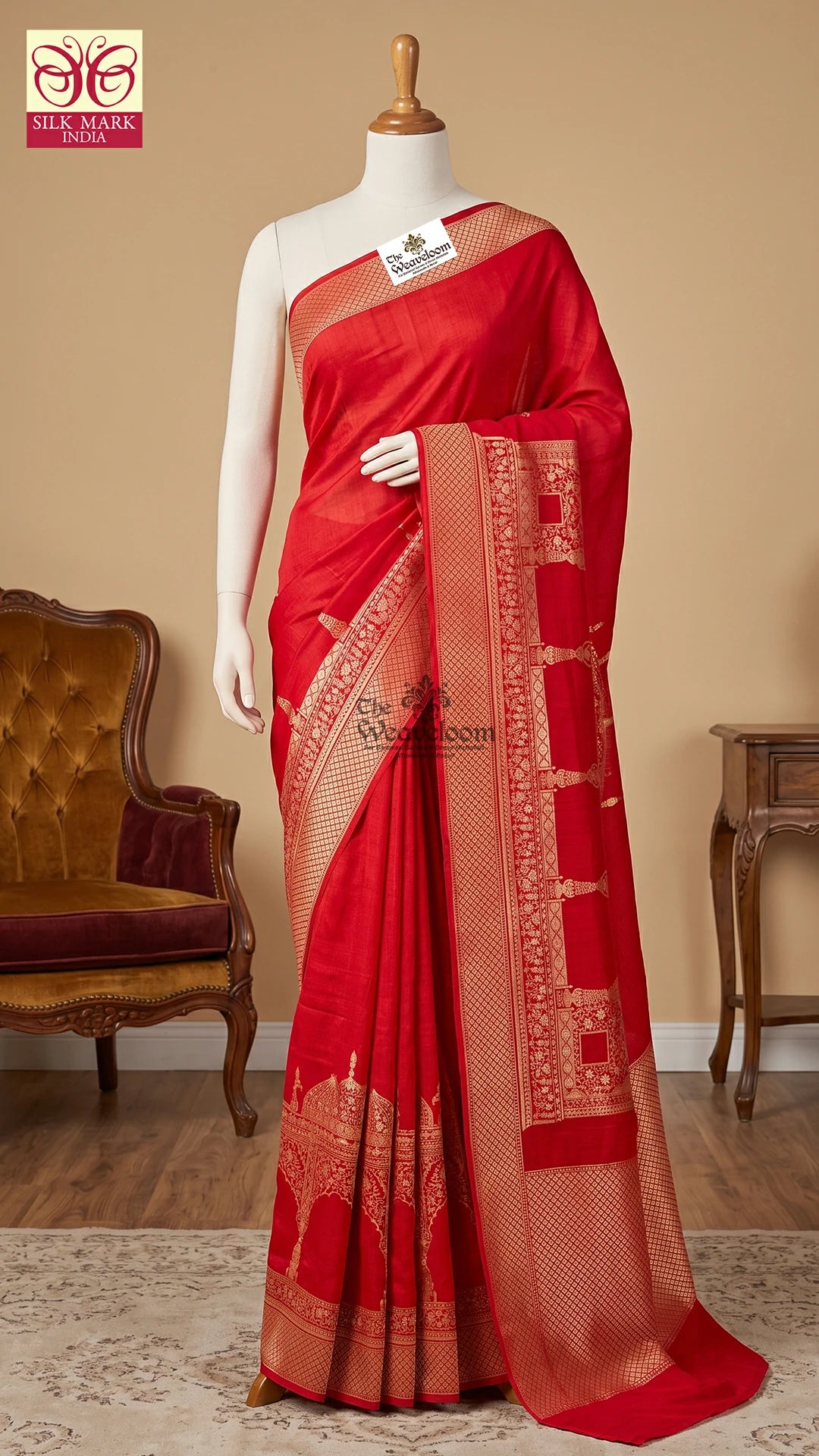 Red Meenakari Temple Border Pure Tussar Georgette Banarasi Saree by The Weaveloom
