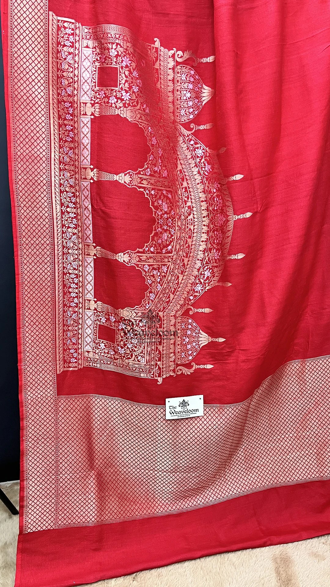 Red Meenakari Temple Border Pure Tussar Georgette Banarasi Saree by The Weaveloom