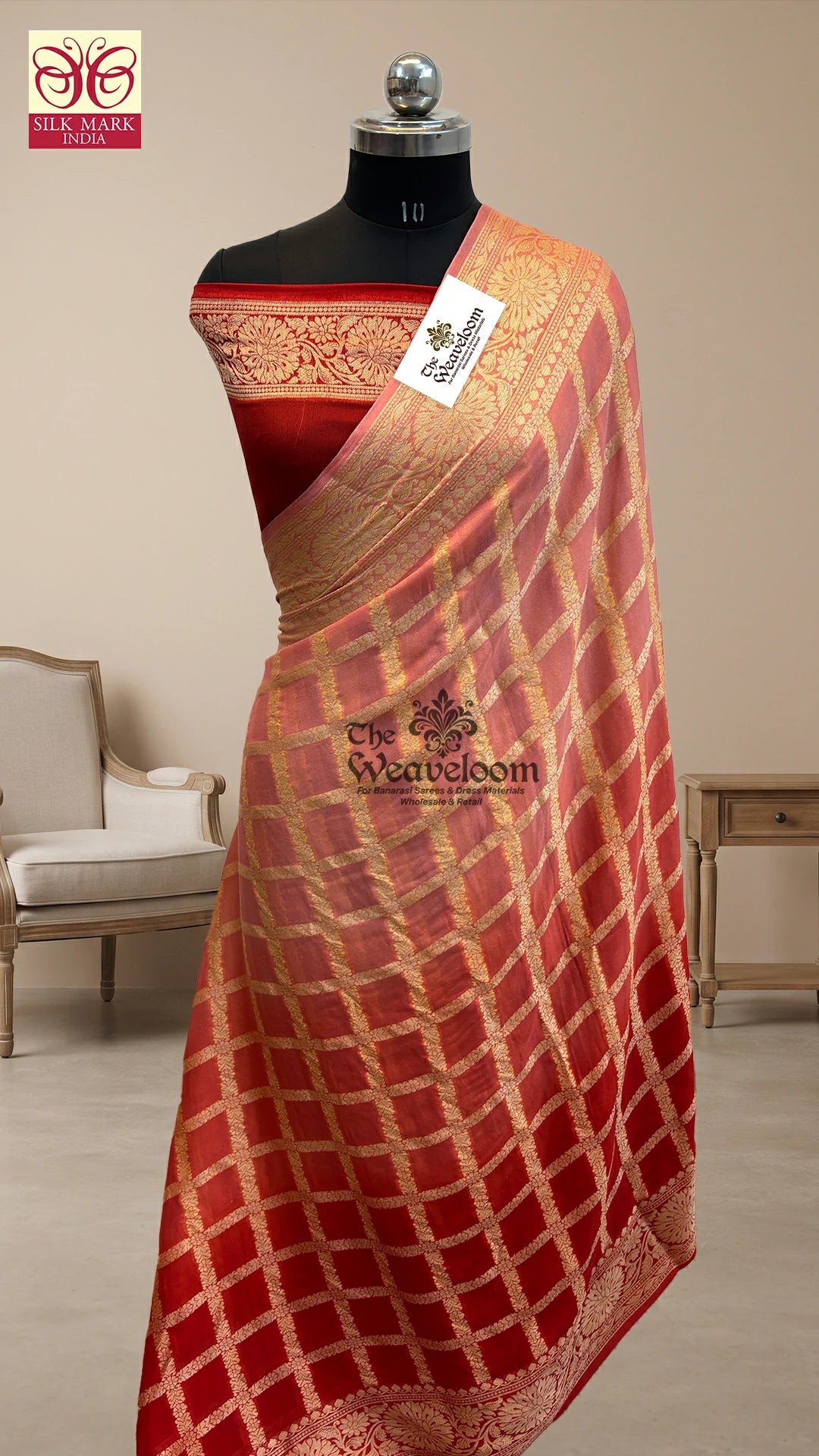 Red Ombre Dye Checks Motif Crepe Georgette Pure Banarasi Saree by The Weaveloom