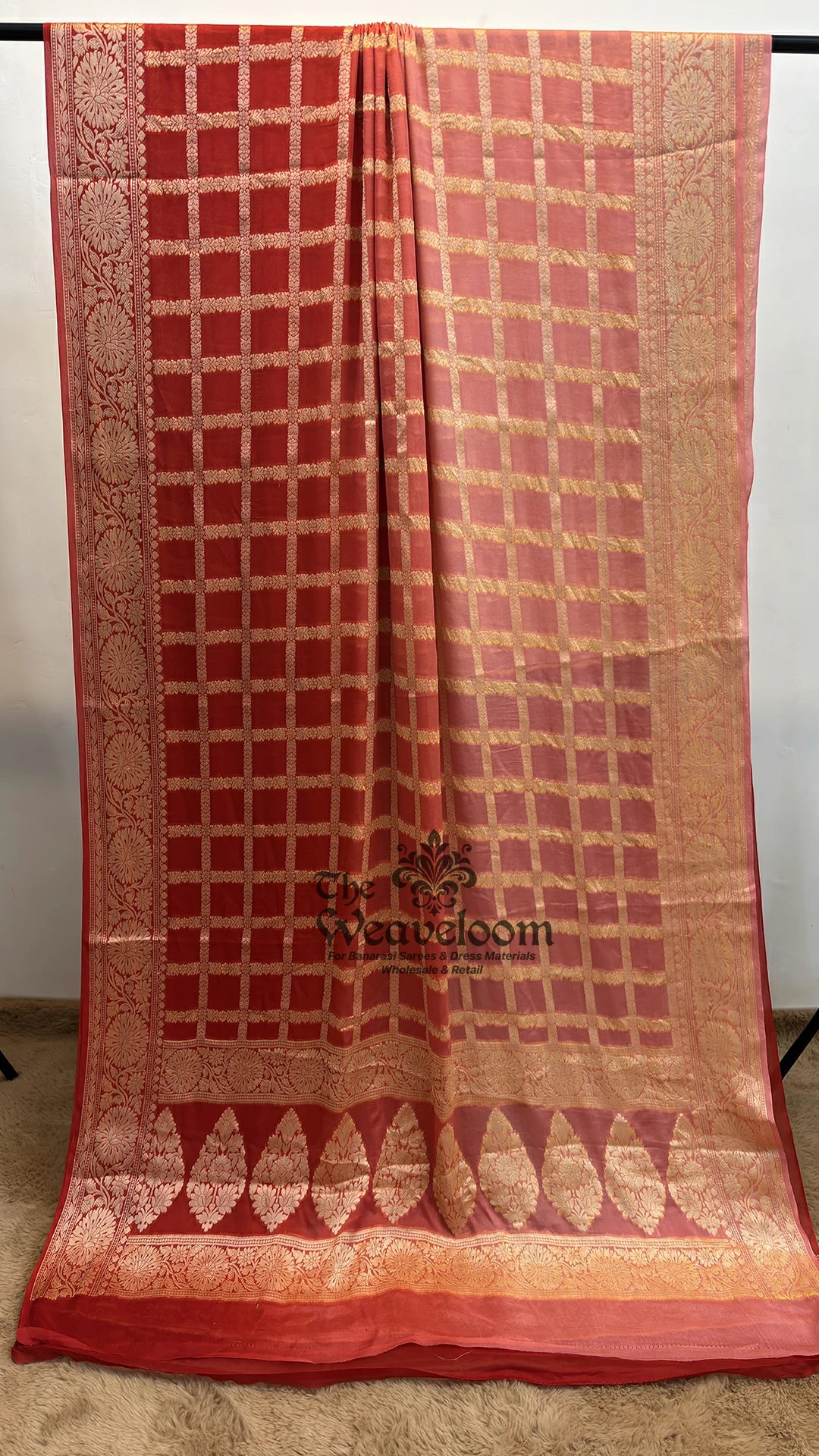 Red Ombre Dye Checks Motif Crepe Georgette Pure Banarasi Saree by The Weaveloom