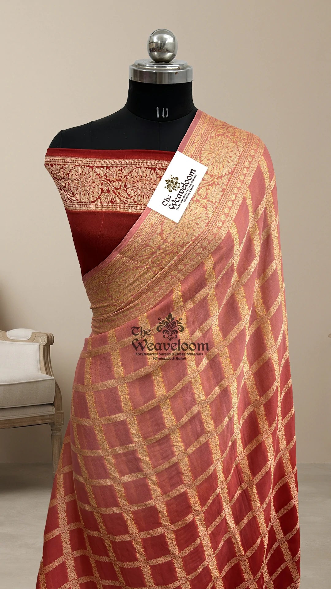 Red Ombre Dye Checks Motif Crepe Georgette Pure Banarasi Saree by The Weaveloom