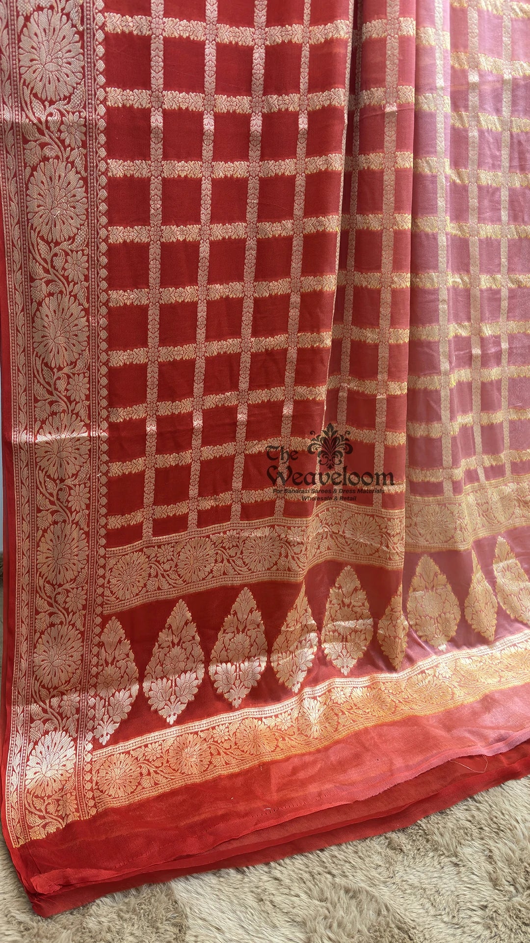 Red Ombre Dye Checks Motif Crepe Georgette Pure Banarasi Saree by The Weaveloom