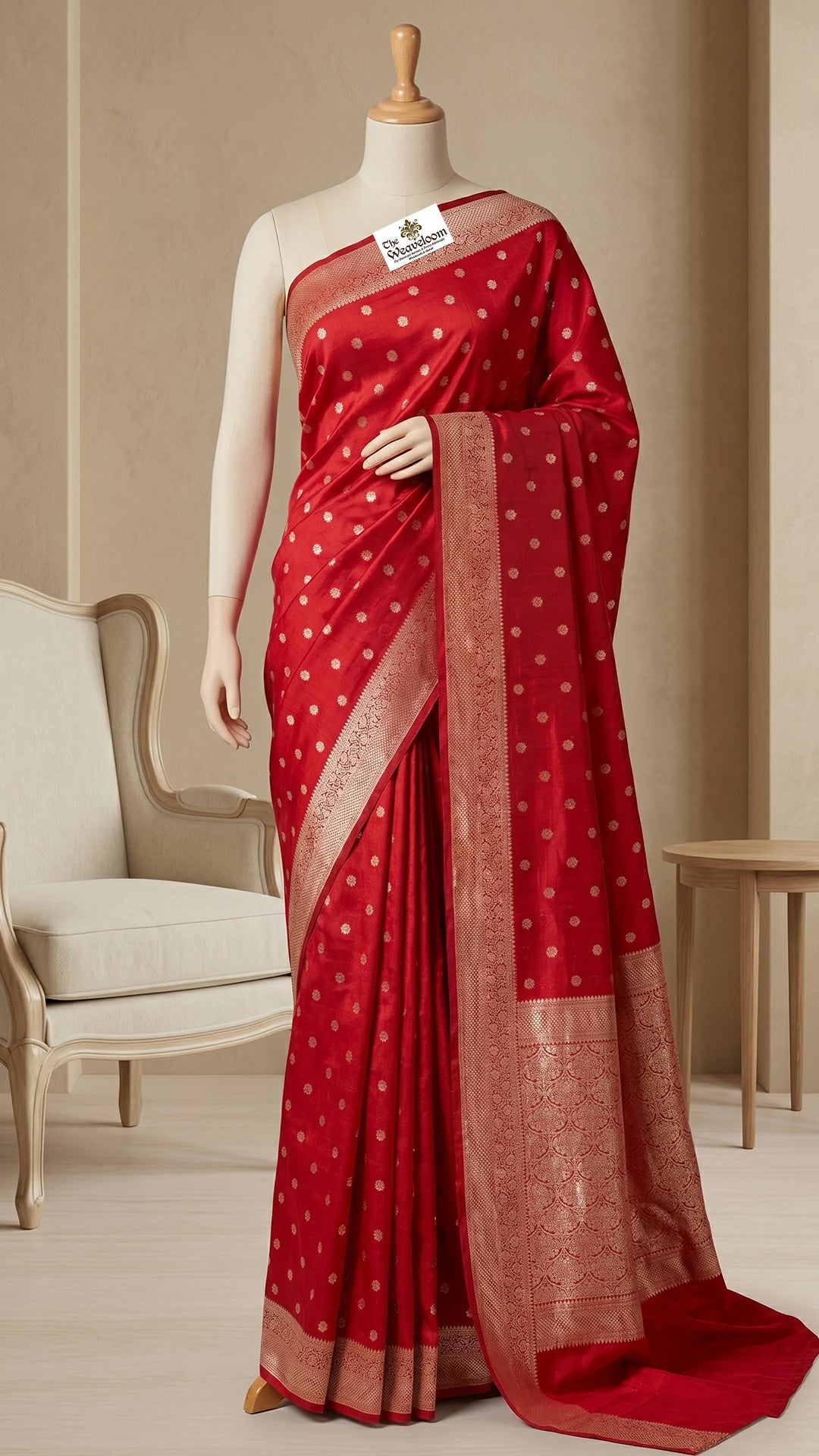 Red Pure Dupion Silk Banarasi Saree with floral buti work and silver jaal border by The Weaveloom