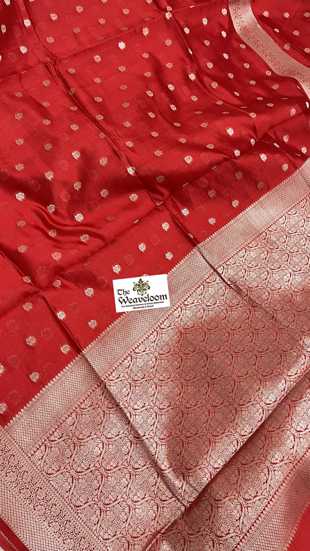 Red Pure Dupion Silk Banarasi Saree with floral buti work and silver jaal border by The Weaveloom
