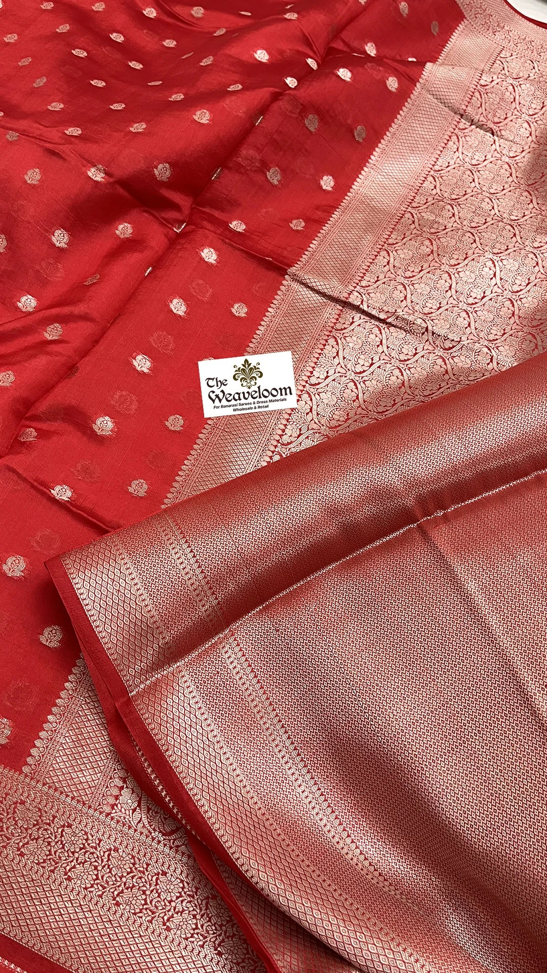 Red Pure Dupion Silk Banarasi Saree with floral buti work and silver jaal border by The Weaveloom