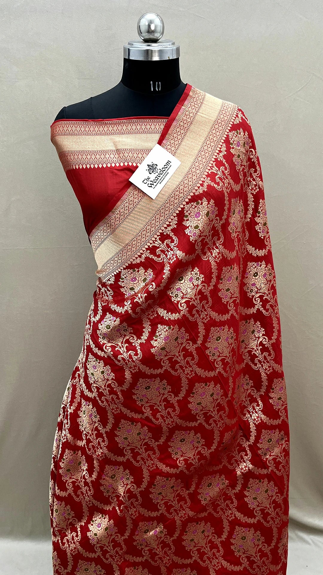 Red Pure Katan Silk Banarasi Saree with Meenakari, Golden Zari Border and Intricate Floral Motifs – The Weaveloom