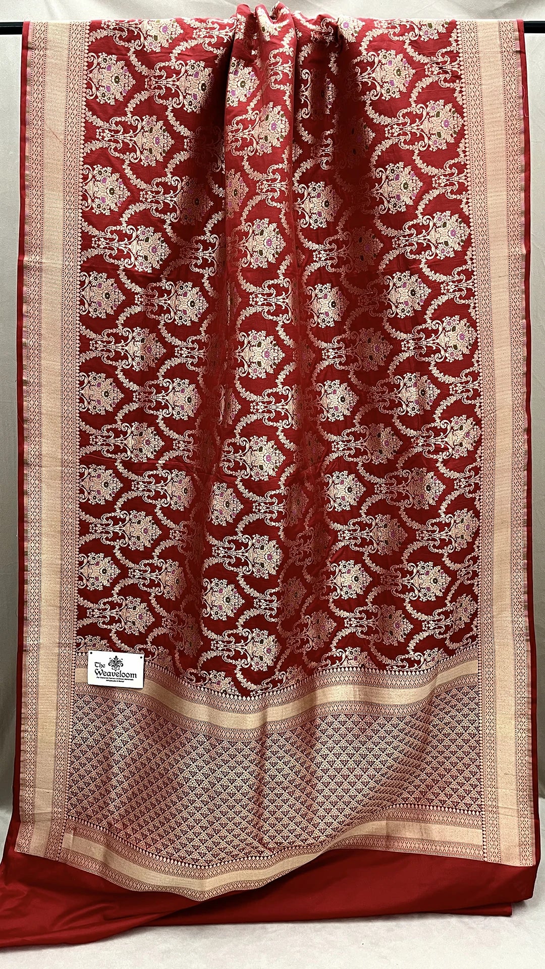 Red Pure Katan Silk Banarasi Saree with Meenakari, Golden Zari Border and Intricate Floral Motifs – The Weaveloom