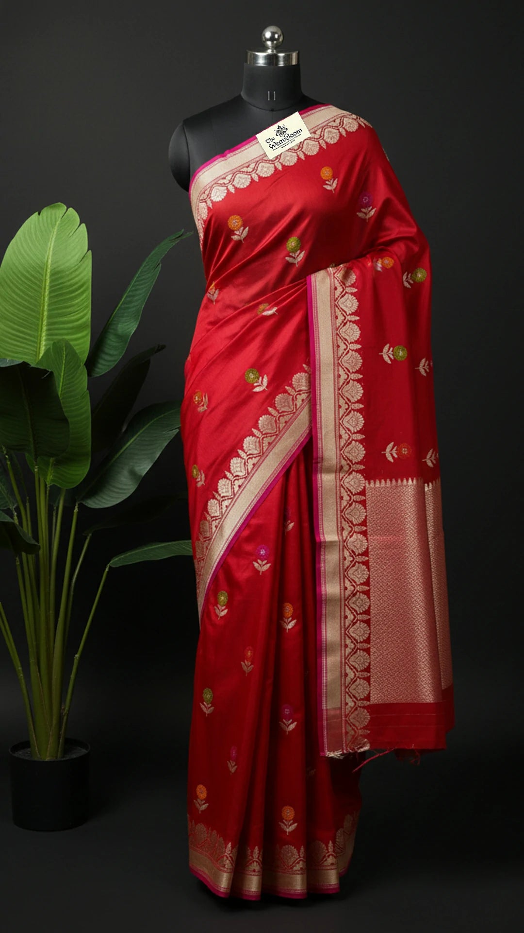 Red Pure Katan Silk Handloom Banarasi Saree with Floral Meenakari Buti and Gold Zari Border by The Weaveloom