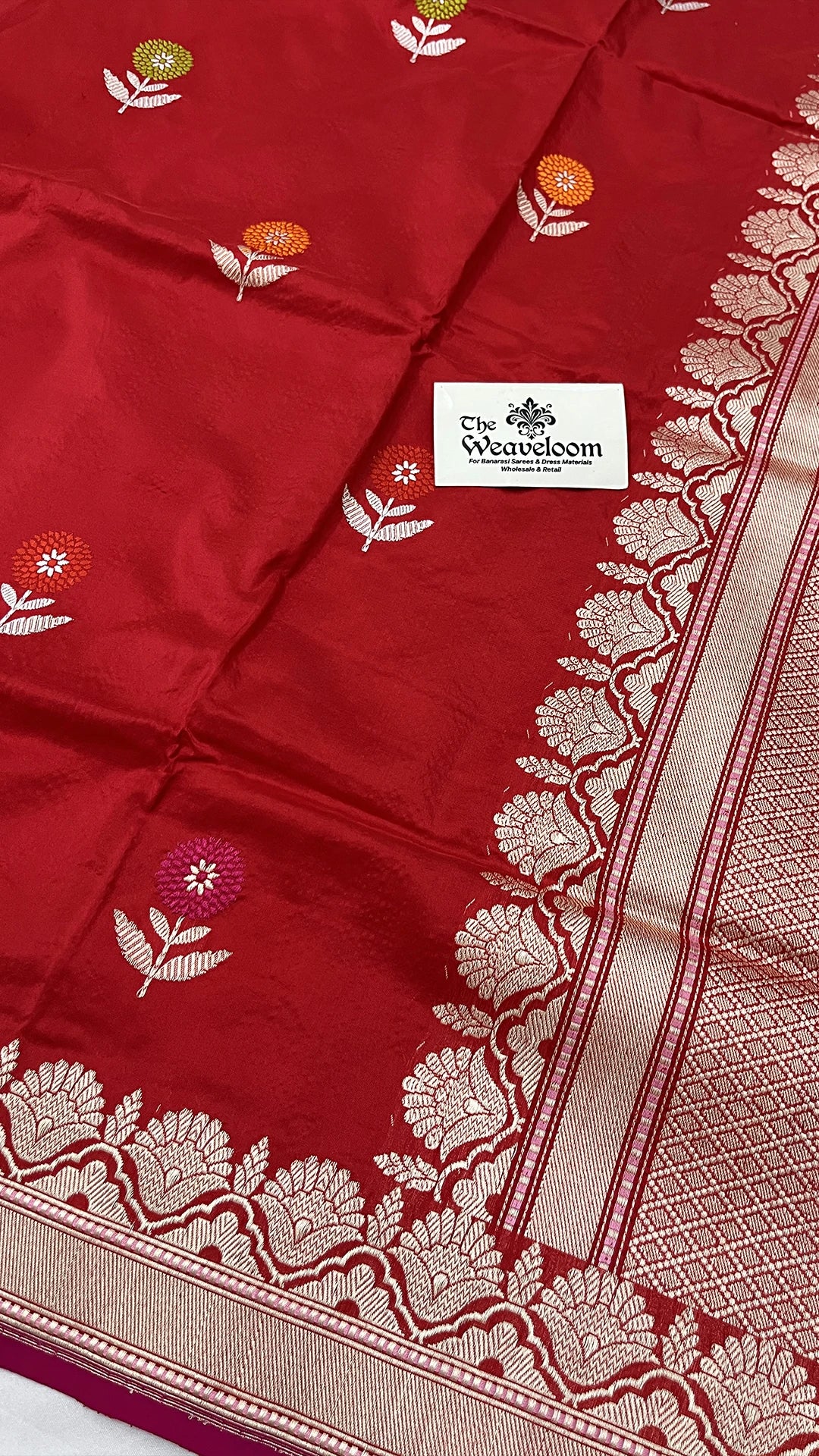 Red Pure Katan Silk Handloom Banarasi Saree with Floral Meenakari Buti and Gold Zari Border by The Weaveloom