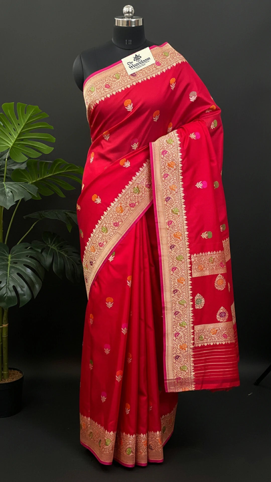 Red Pure Katan Silk Handloom Banarasi Saree with Meenakari Border and Floral Buta Motifs by The Weaveloom