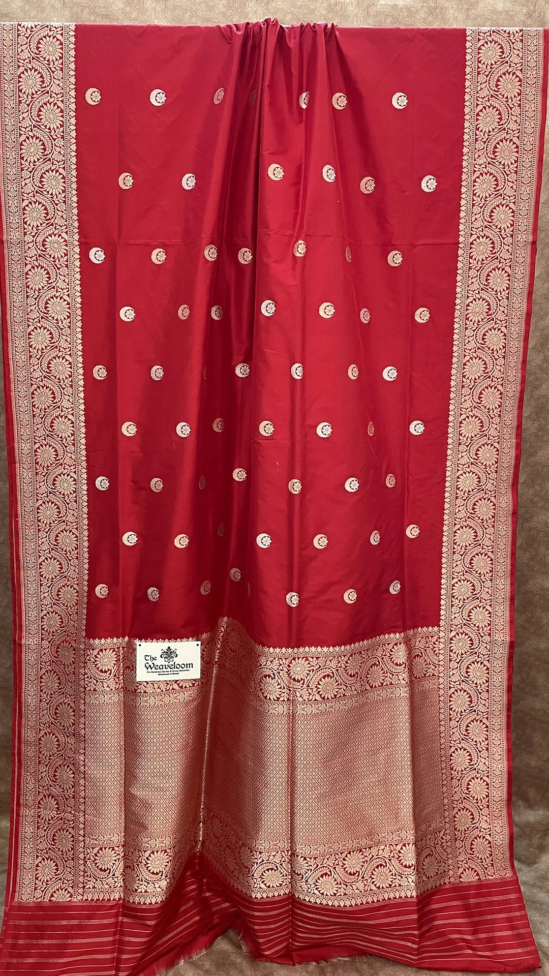 Red Pure Katan Silk Handloom Banarasi Saree with Sona Rupa Chand Tara Motifs by The Weaveloom