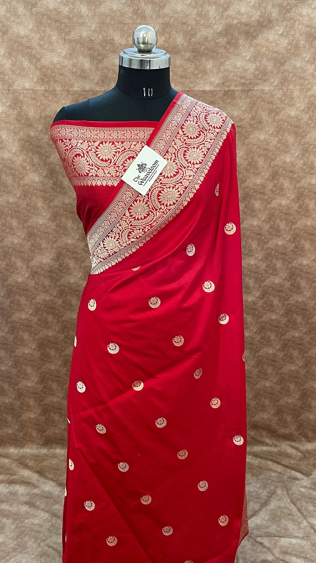 Red Pure Katan Silk Handloom Banarasi Saree with Sona Rupa Chand Tara Motifs by The Weaveloom