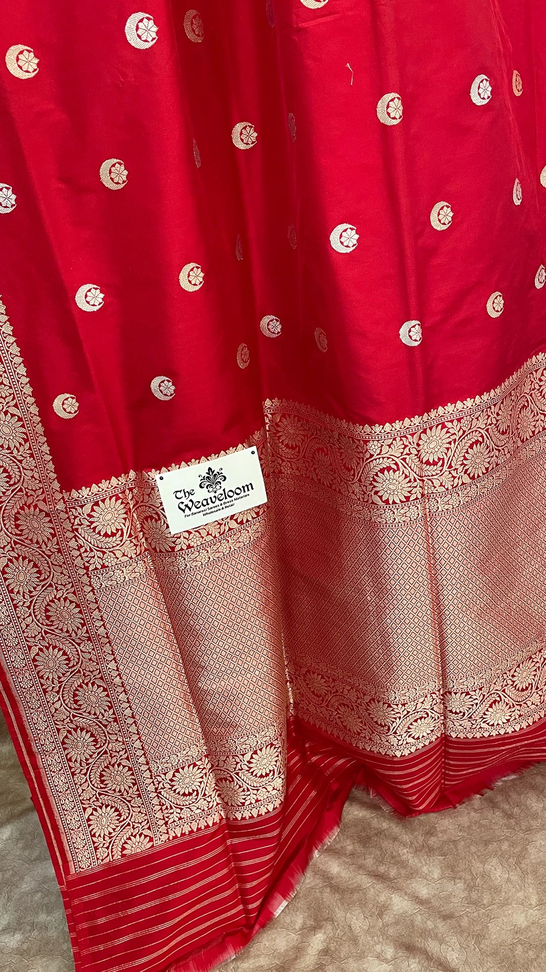 Red Pure Katan Silk Handloom Banarasi Saree with Sona Rupa Chand Tara Motifs by The Weaveloom