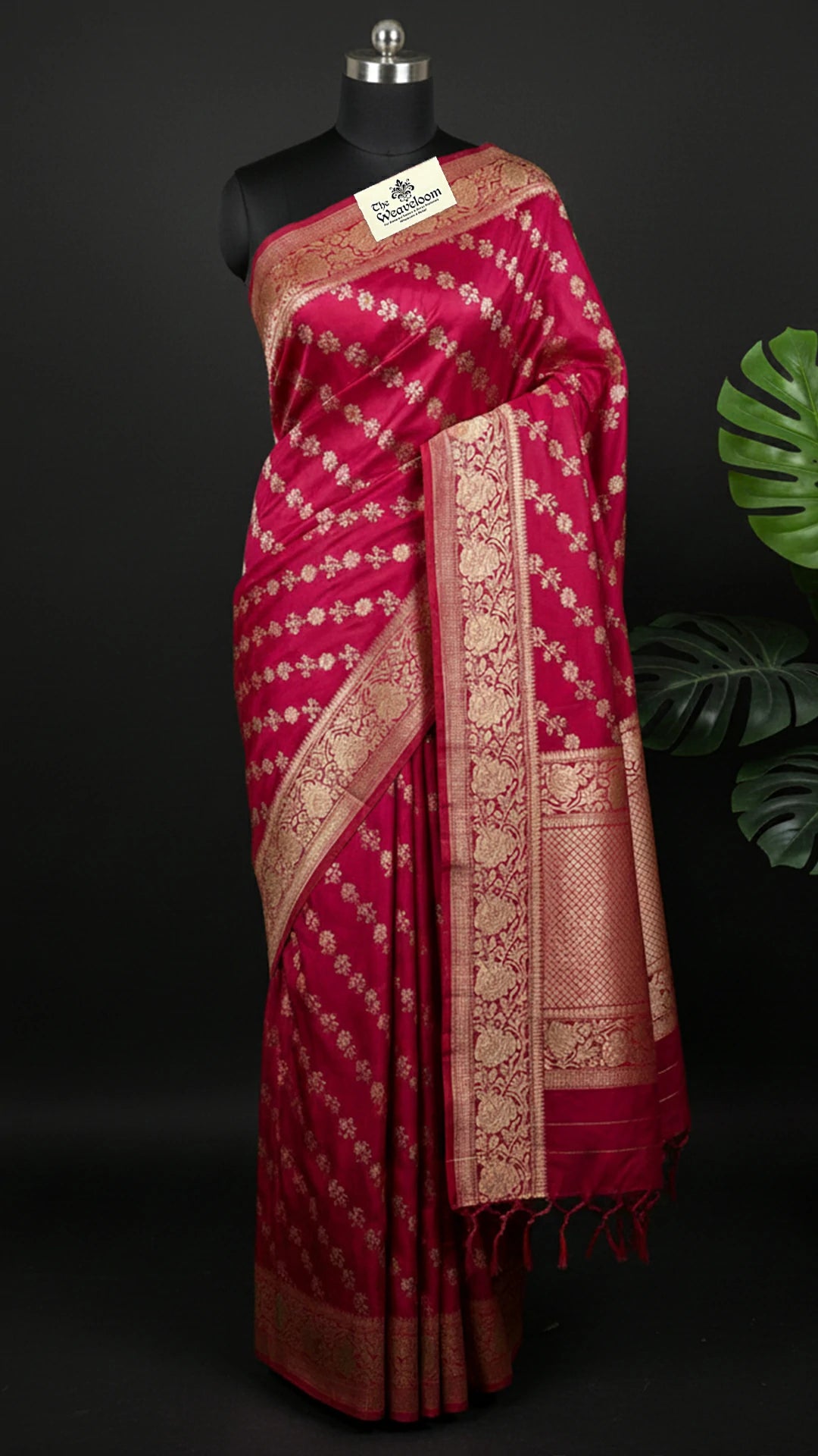 Red Pure Katan Silk Handloom Banarasi Saree with Sona Rupa Zari Floral Stripe Jangla Border by The Weaveloom