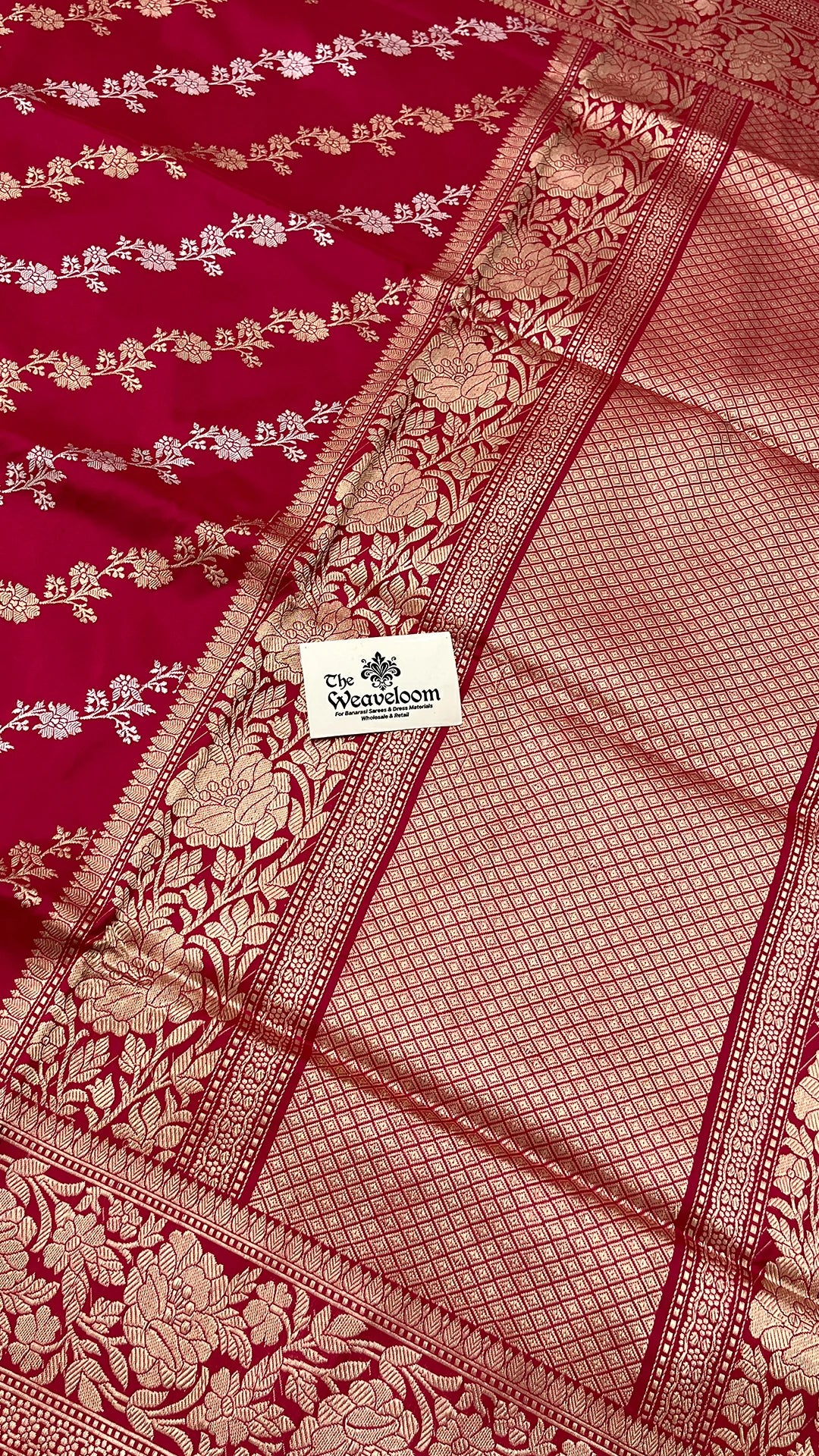 Red Pure Katan Silk Handloom Banarasi Saree with Sona Rupa Zari Floral Stripe Jangla Border by The Weaveloom