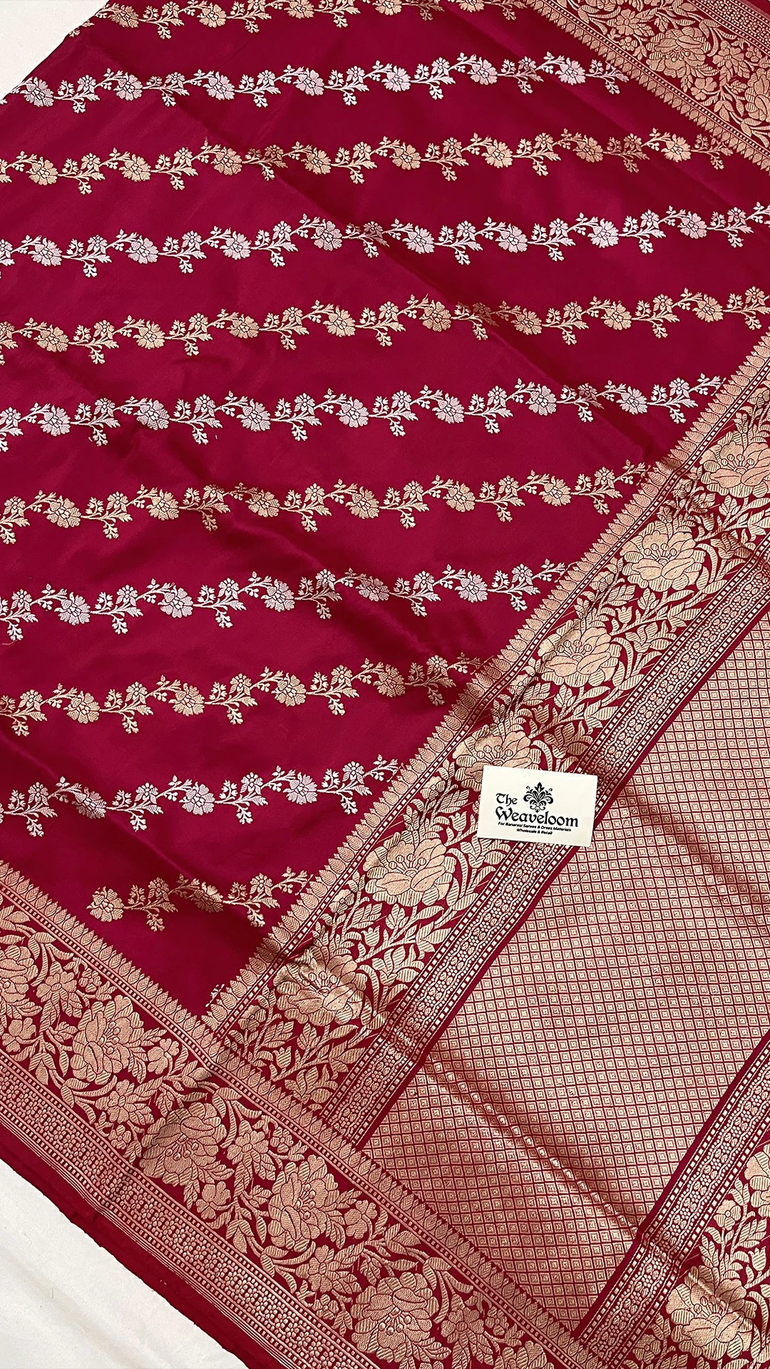 Red Pure Katan Silk Handloom Banarasi Saree with Sona Rupa Zari Floral Stripe Jangla Border by The Weaveloom