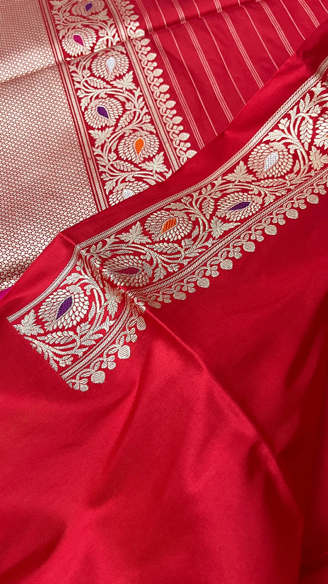 Red Pure Katan Silk Handloom Meenakari Banarasi Saree with Sona Rupa Zari Buti by The Weaveloom