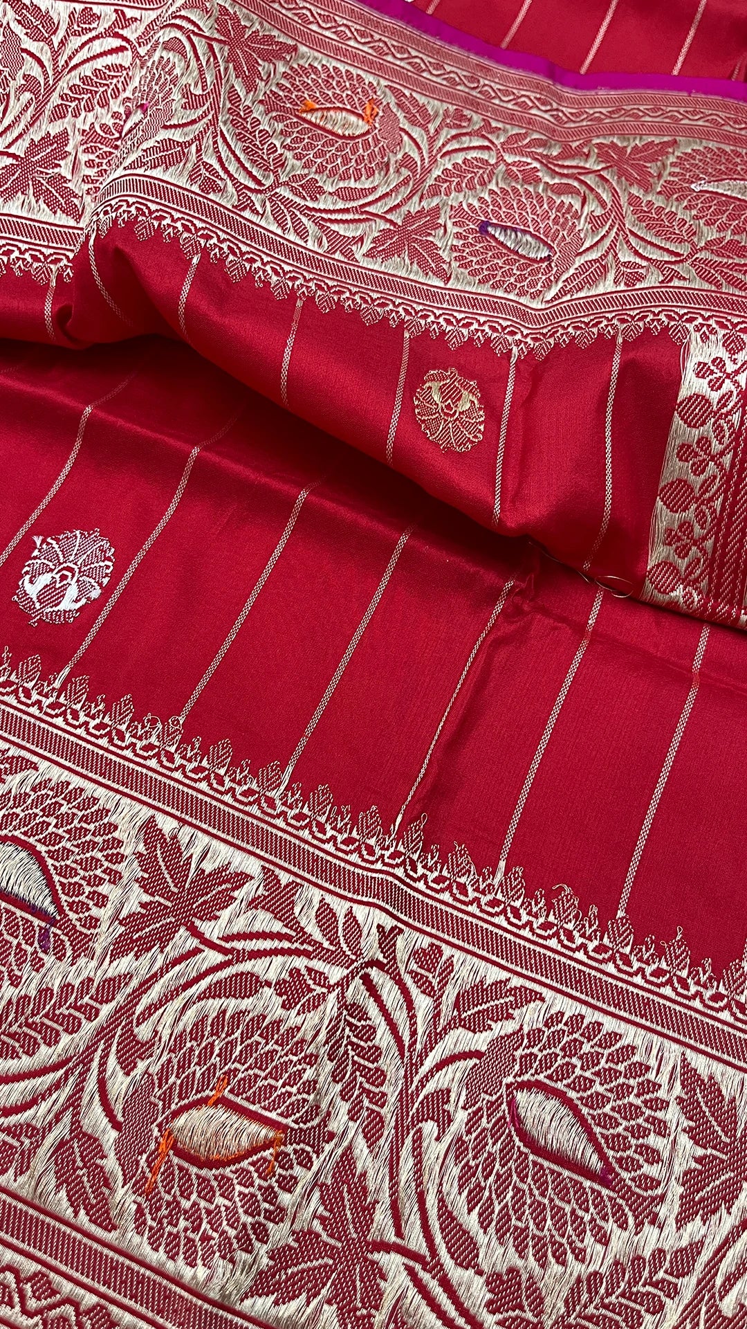 Red Pure Katan Silk Handloom Meenakari Banarasi Saree with Sona Rupa Zari Buti by The Weaveloom