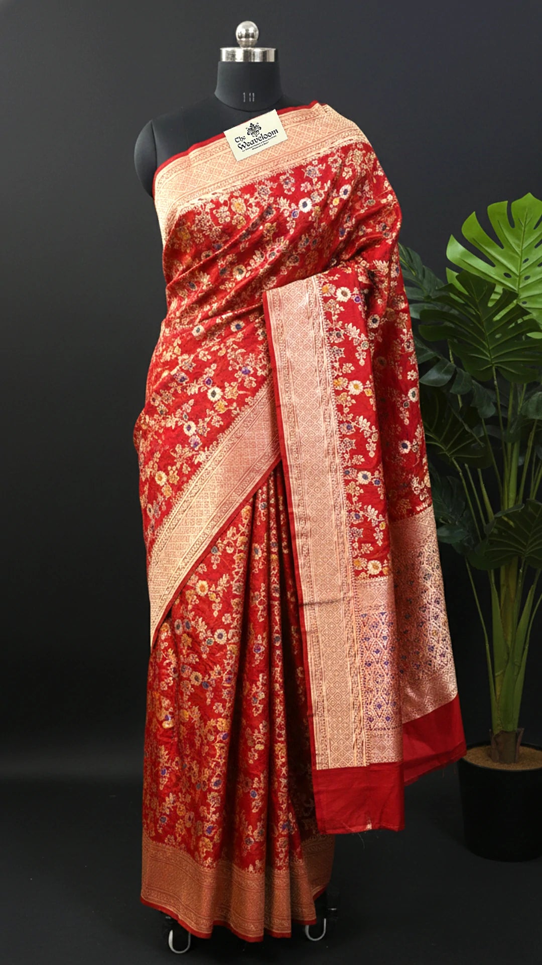 Red Pure Katan Silk Meenakari Jaal Work Banarasi Saree with Zari Border by The Weaveloom