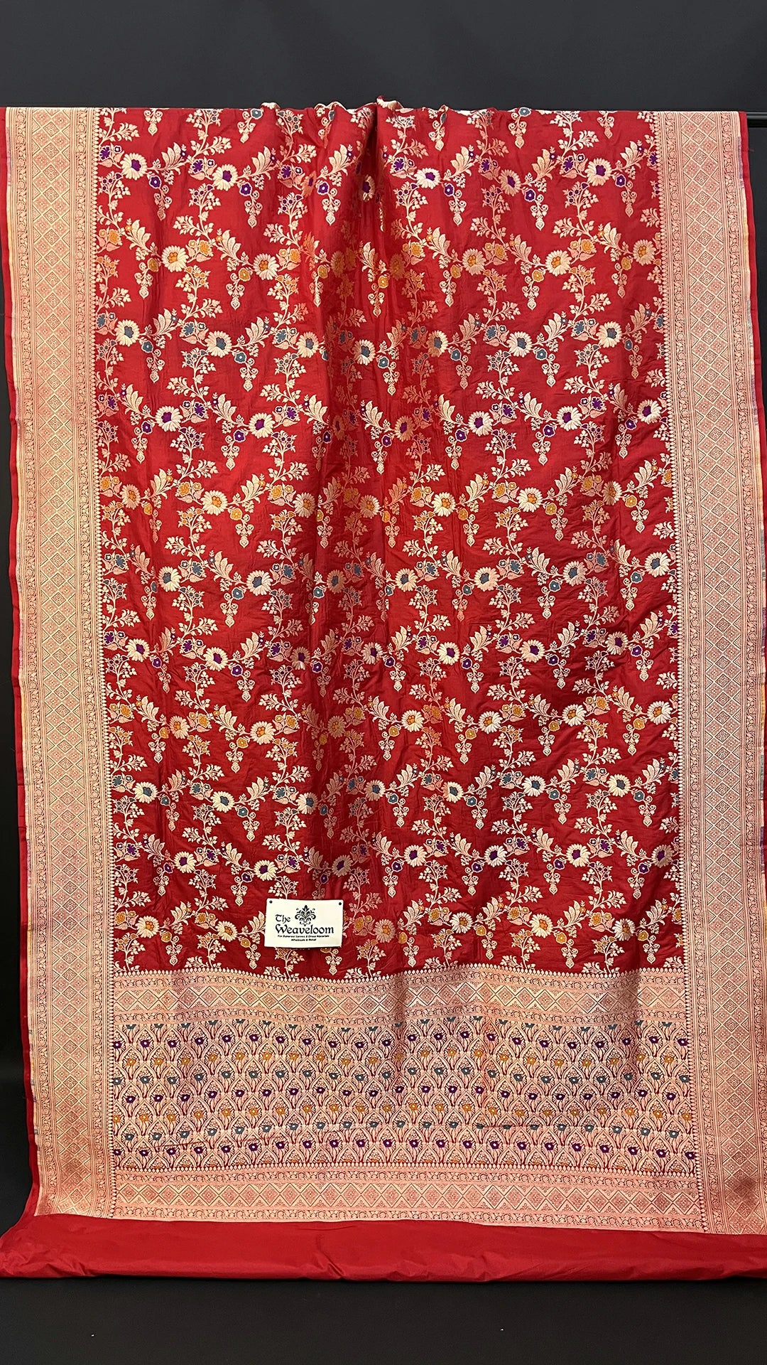 Red Pure Katan Silk Meenakari Jaal Work Banarasi Saree with Zari Border by The Weaveloom