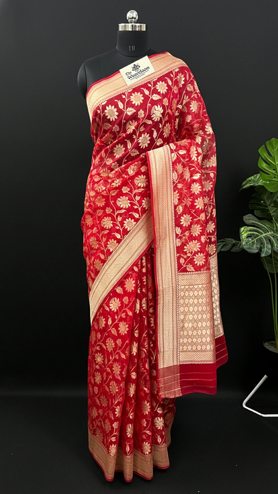 Red Pure Khaddi Georgette Banarasi Saree Floral Jaal Water Zari by The Weaveloom