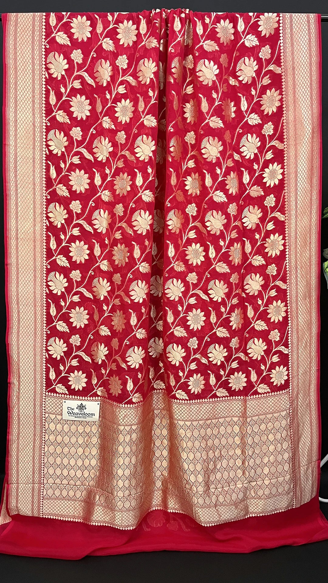 Red Pure Khaddi Georgette Banarasi Saree Floral Jaal Water Zari by The Weaveloom