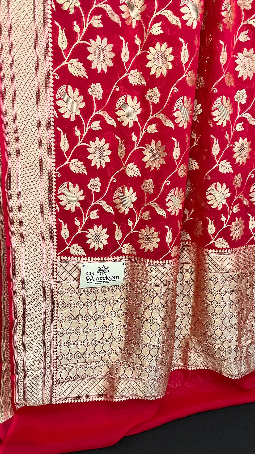 Red Pure Khaddi Georgette Banarasi Saree Floral Jaal Water Zari by The Weaveloom