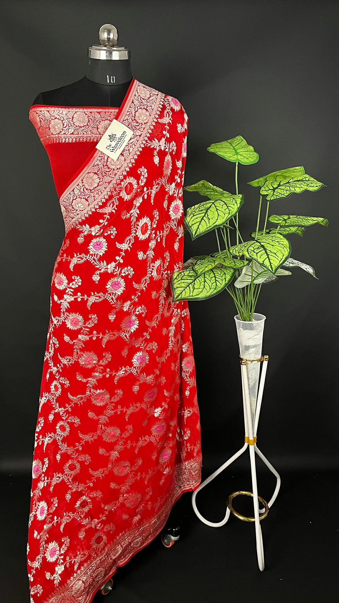 Red Pure Khaddi Georgette Banarasi Saree Silver Zari with Meenakari by The Weaveloom