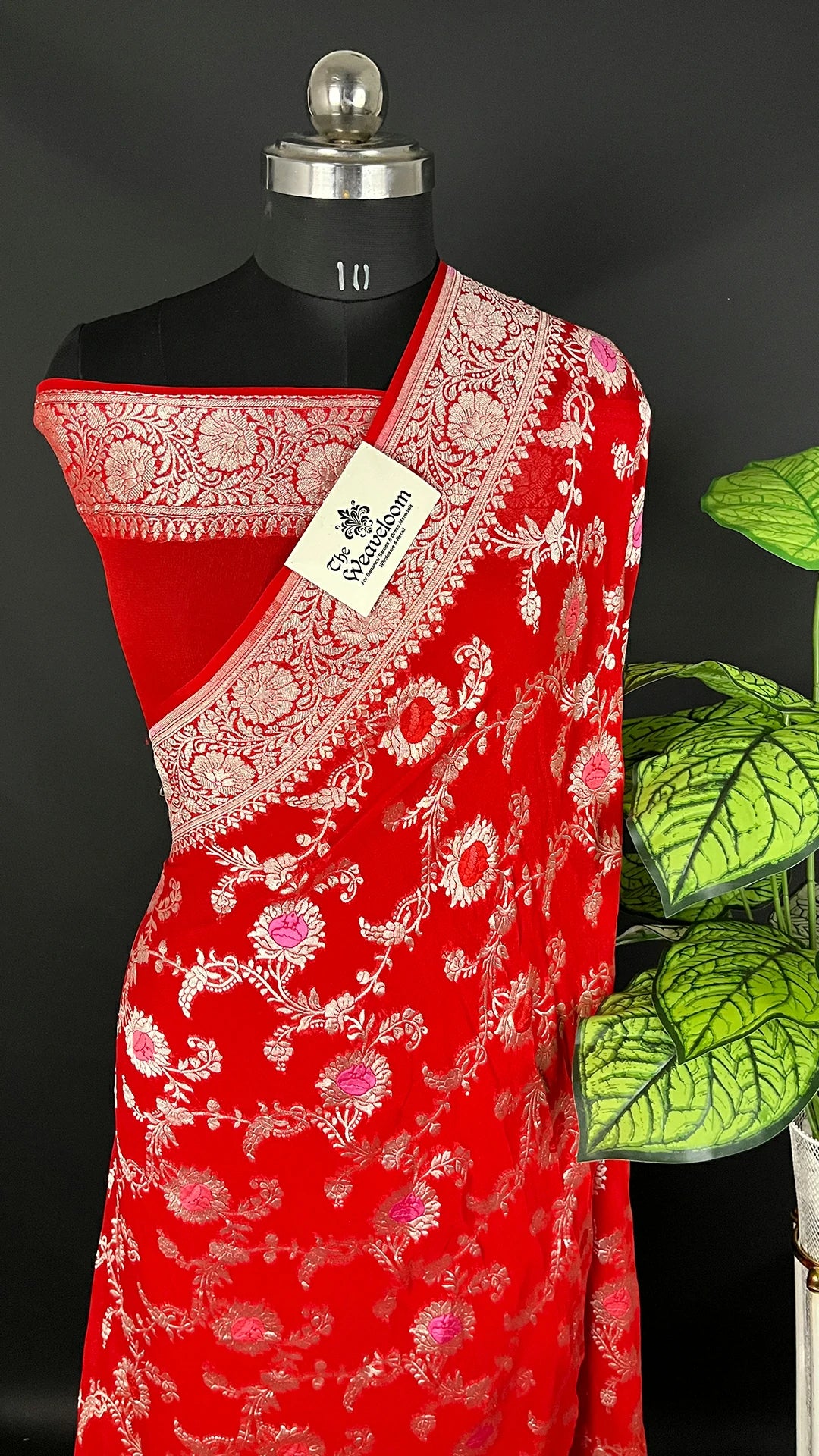 Red Pure Khaddi Georgette Banarasi Saree Silver Zari with Meenakari by The Weaveloom