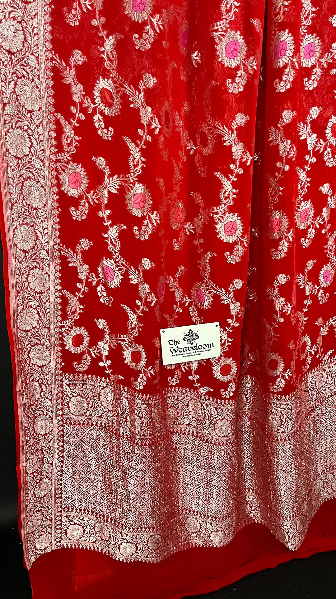 Red Pure Khaddi Georgette Banarasi Saree Silver Zari with Meenakari by The Weaveloom