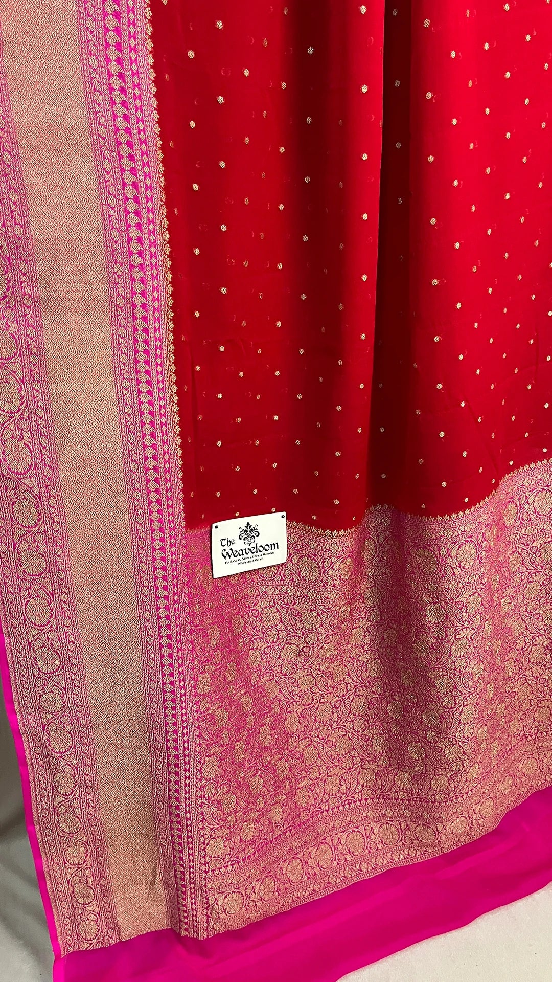 Red Pure Khaddi Georgette Banarasi Saree With Antique Zari & Dani Buti Motifs by The Weaveloom