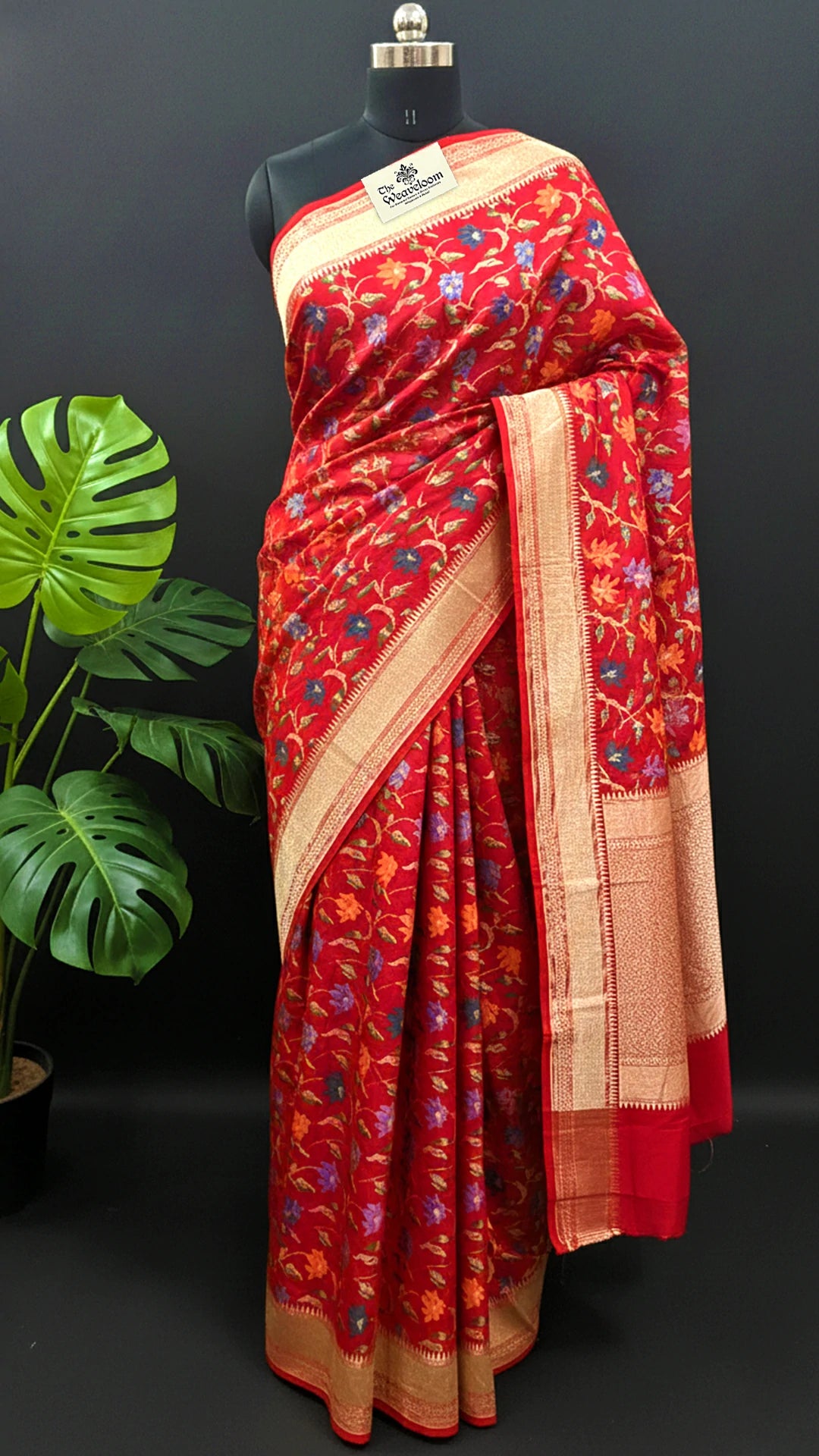 Red Pure Munga Silk Meenakari Banarasi Saree with Multicolor Floral Jaal and Rich Zari Border by The Weaveloom