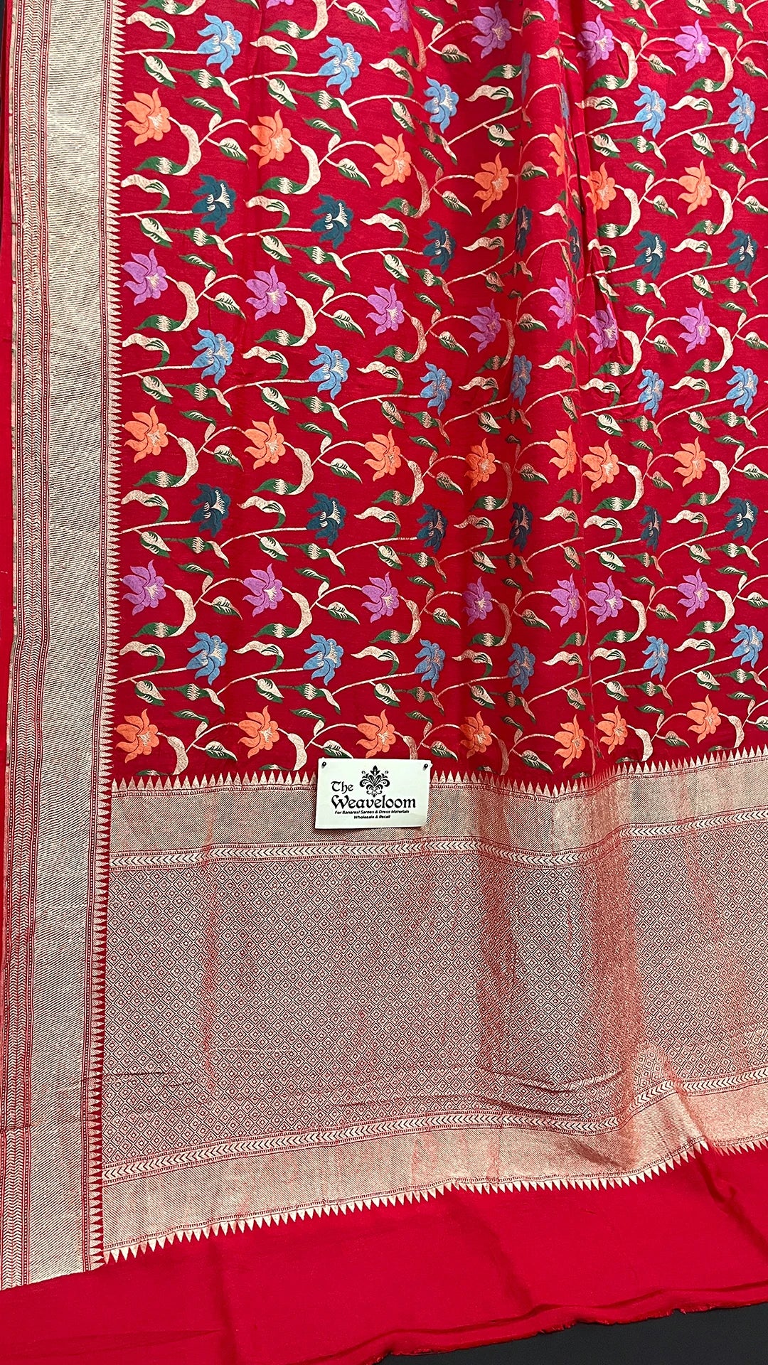 Red Pure Munga Silk Meenakari Banarasi Saree with Multicolor Floral Jaal and Rich Zari Border by The Weaveloom