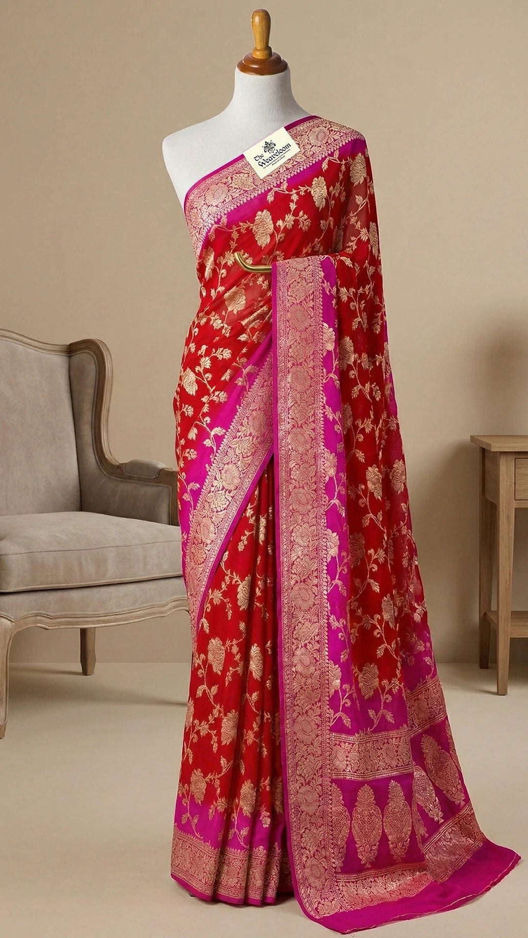 Red & Rani Dual Color Floral Jaal Golden Zari Crepe Georgette Pure Banarasi Saree