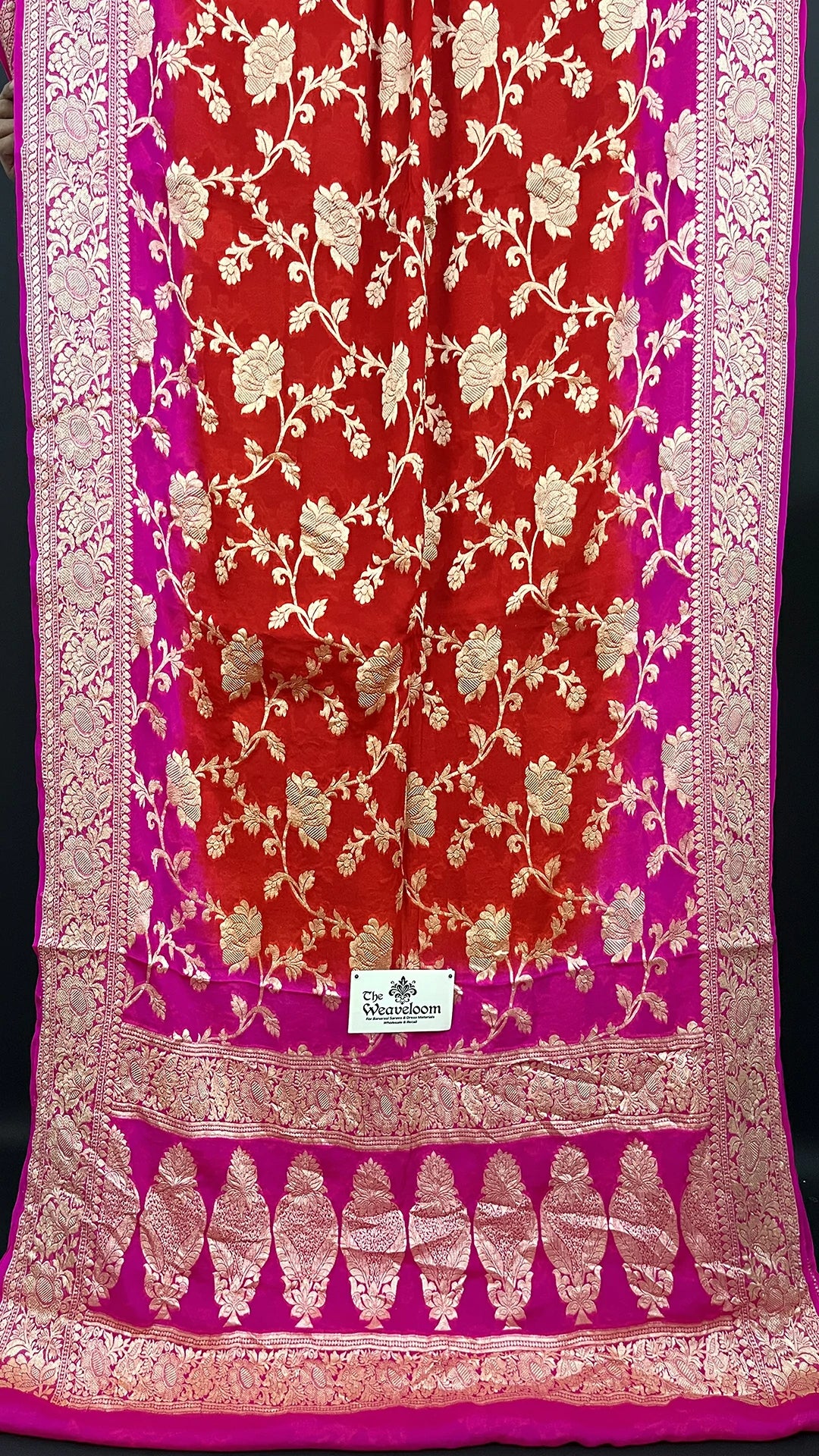 Red & Rani Dual Color Floral Jaal Golden Zari Crepe Georgette Pure Banarasi Saree