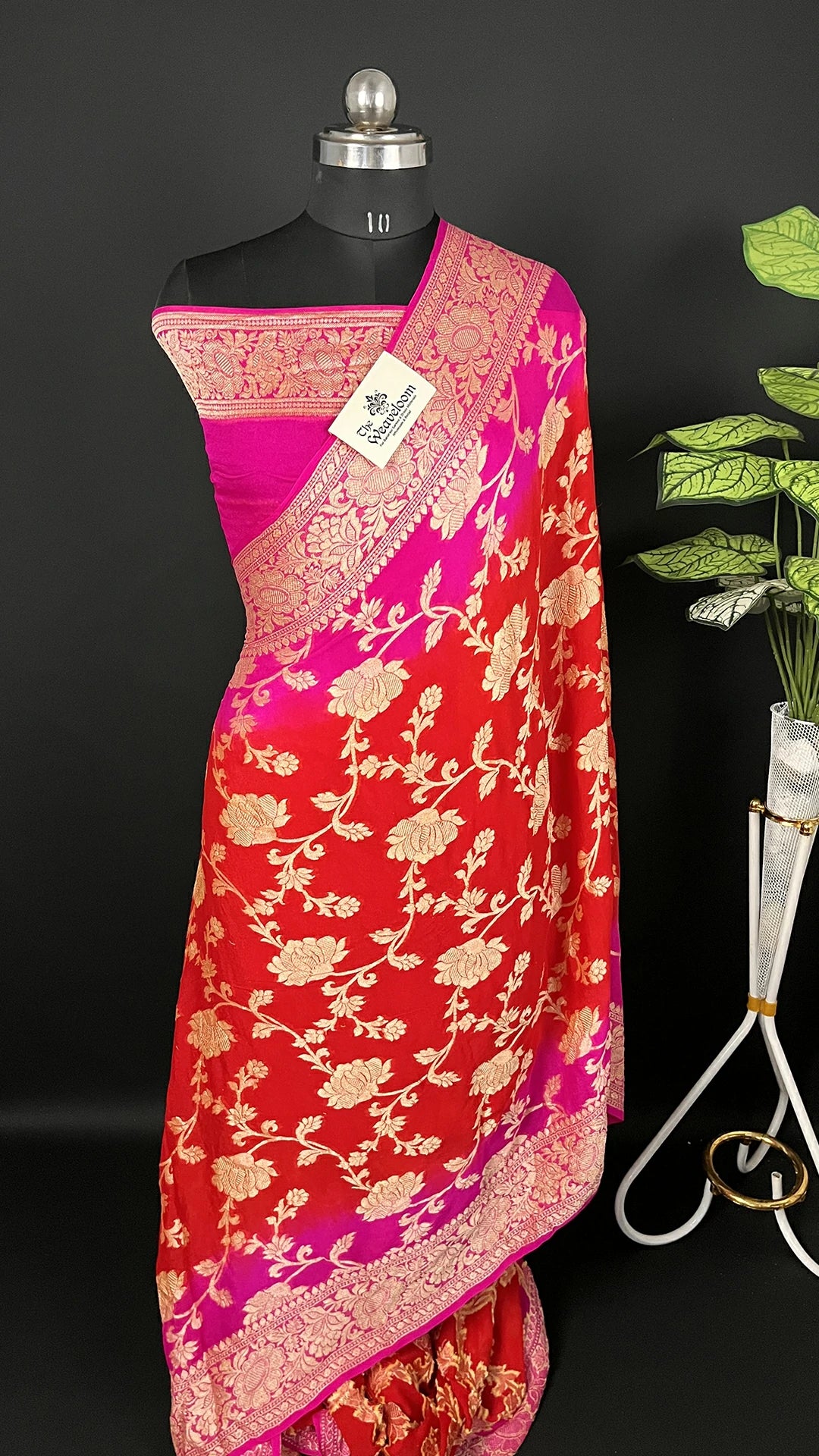 Red & Rani Dual Color Floral Jaal Golden Zari Crepe Georgette Pure Banarasi Saree