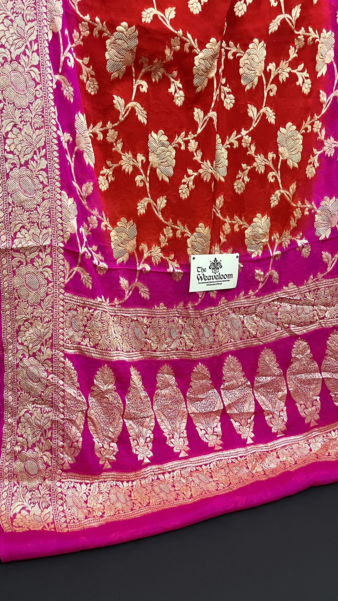 Red & Rani Dual Color Floral Jaal Golden Zari Crepe Georgette Pure Banarasi Saree