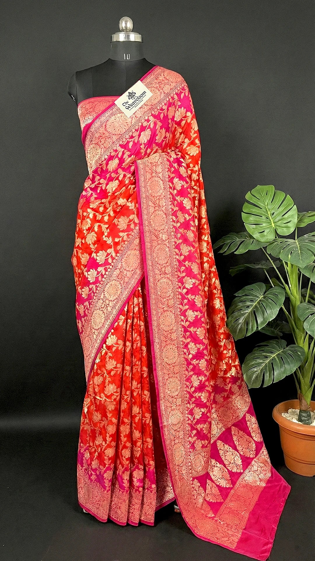 Red & Rani Dual Tone Floral Golden Zari Crepe Georgette Pure Banarasi Saree by The Weaveloom